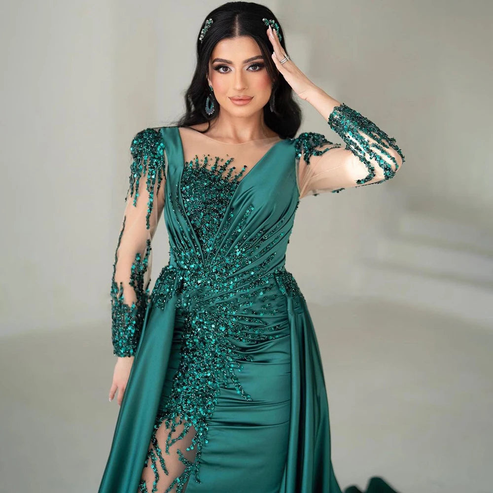 Serene Hill Luxury Dubai Green Mermaid Lace Beaded Satin Evening Dress for Women - Formal Gown for Wedding, Party & Special Occasions 2025 Collection LA72202A