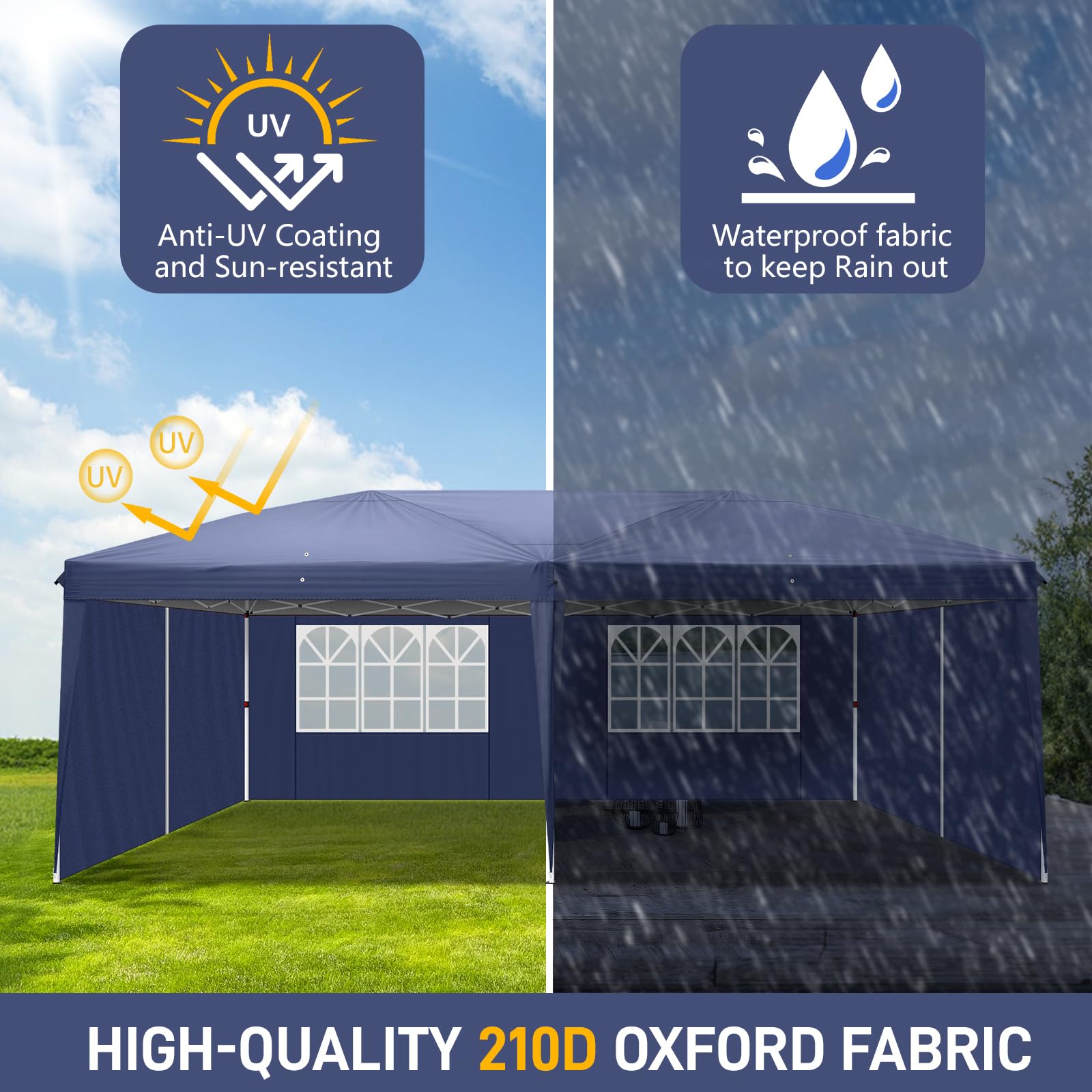 10' x 20' Pop Up Canopy Tent with Removable Sidewalls & Carry Bag - Instant Shelter with Zipper Door - Portable Easy Setup Commercial Canopy for Outdoor Parties, Backyard Events, Farmers Markets & Beach Use - Waterproof Blue Outdoor Tent