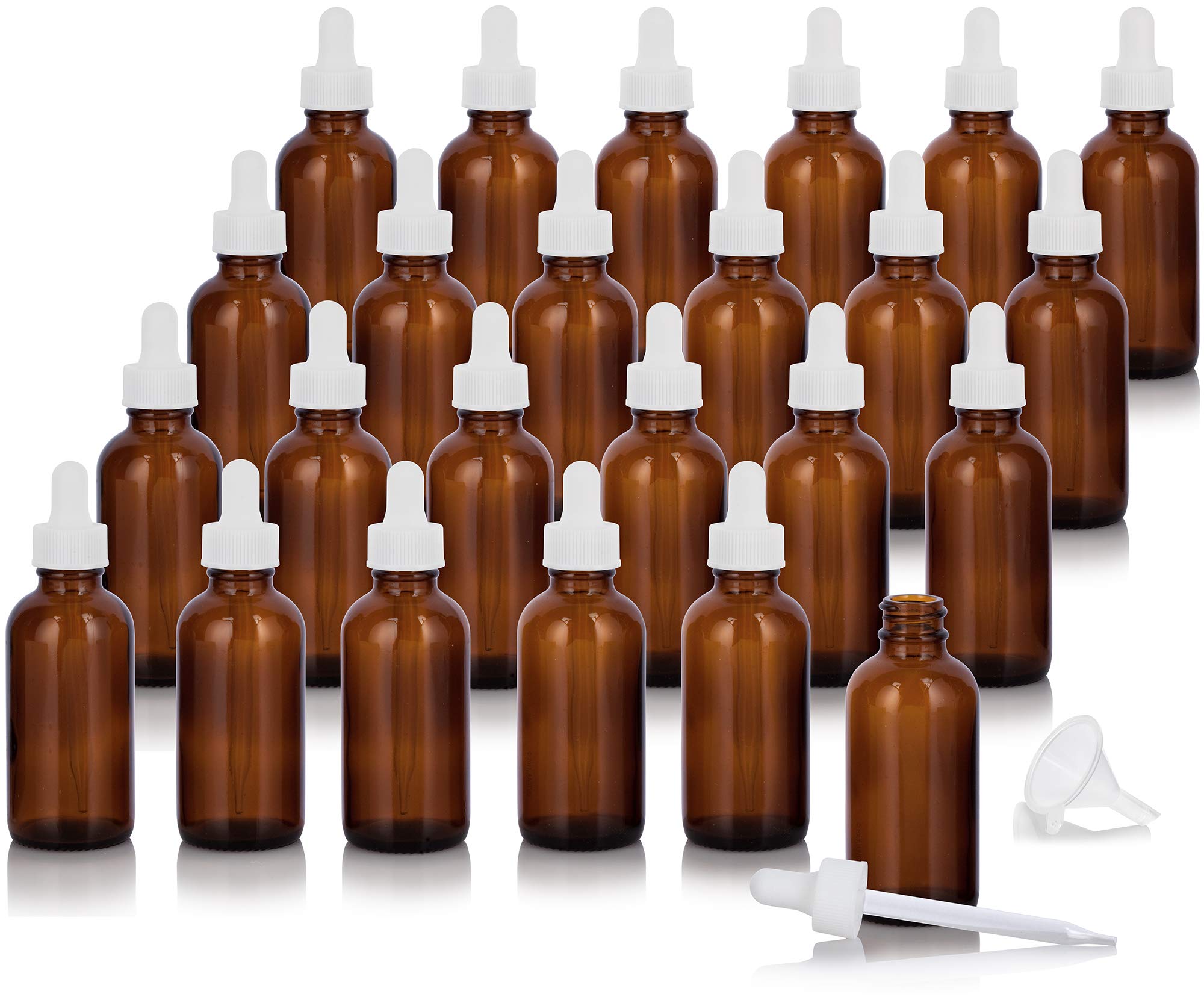 JUVITUS 2 oz / 60 ml Amber Glass Boston Round Bottles with White Dropper Caps and Funnel - 24 Pack - Essential Oil, CBD, Tincture Storage - Perfect for DIY, Aromatherapy, and Herbal Remedies