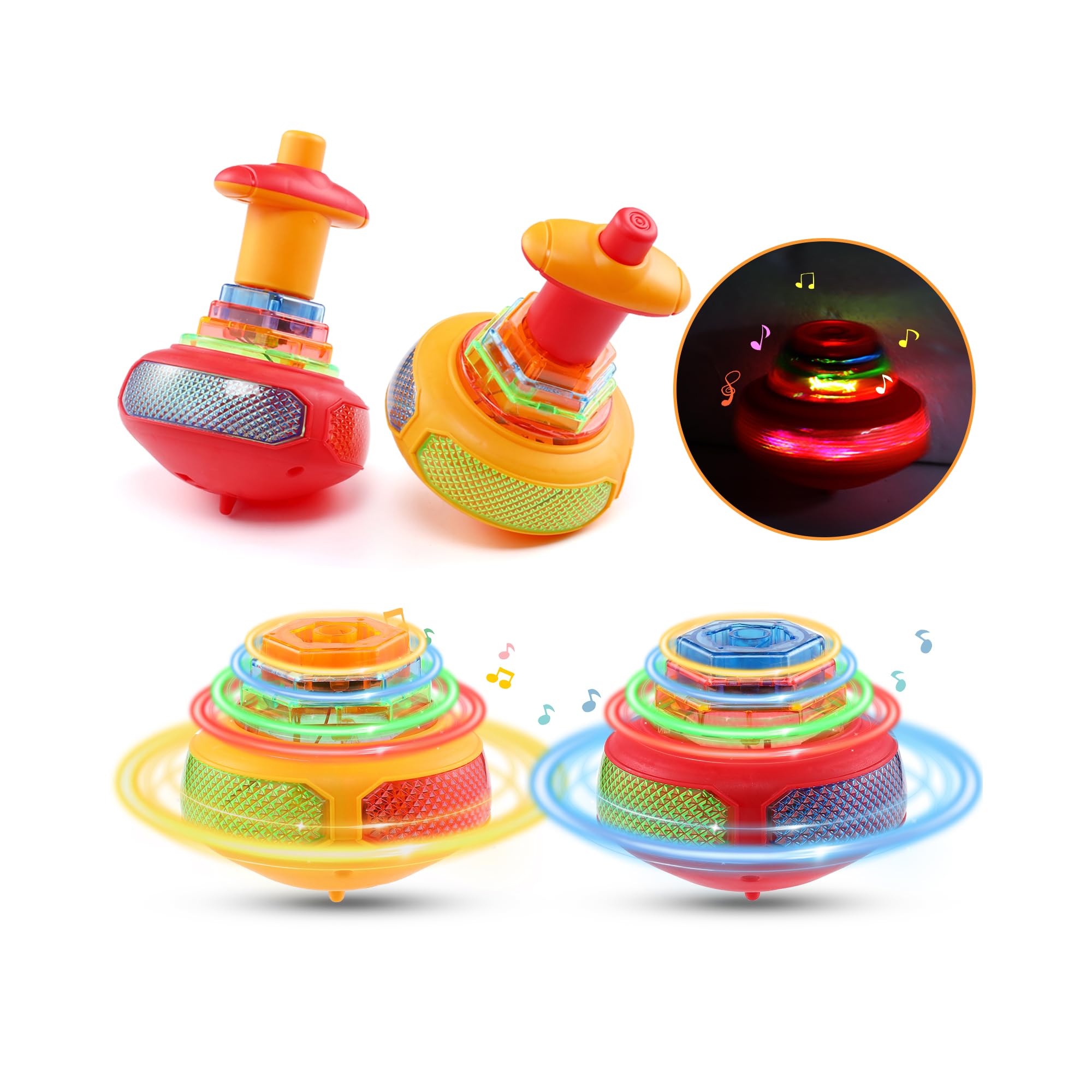 SCIONE 2-Pack LED Spinning Tops - Glow in The Dark Light Up Toys with Music for Kids, Perfect Birthday Gifts, Halloween Party Favors, Classroom Treasure Box Prizes & Christmas Stocking Stuffers for Boys and Girls