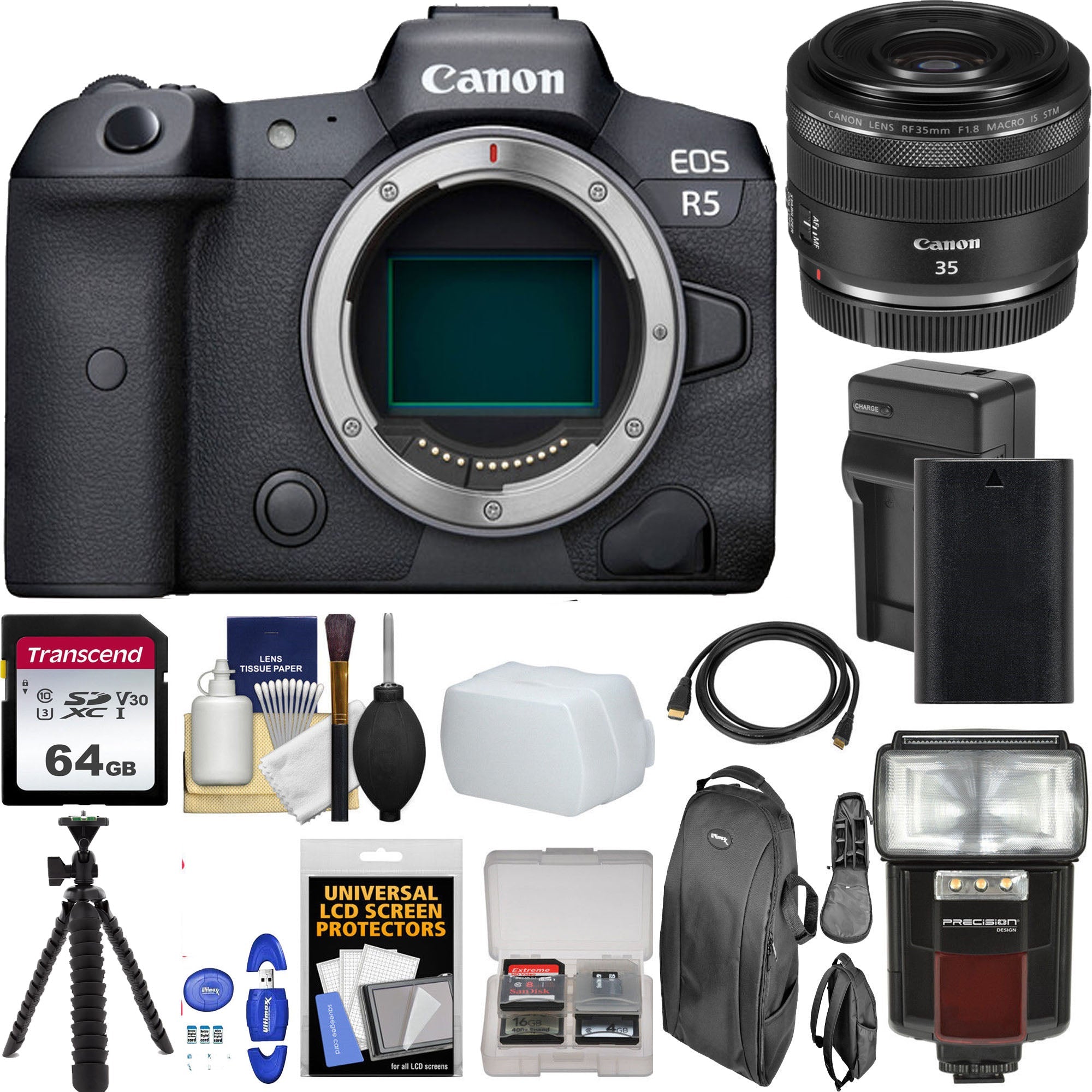 Canon EOS R5 Full Frame Mirrorless Camera with RF 35mm f/1.8 IS Macro STM Lens - 64GB Bundle for Professional Photography & Videography - Perfect for Travel, Portraits, and Content Creation