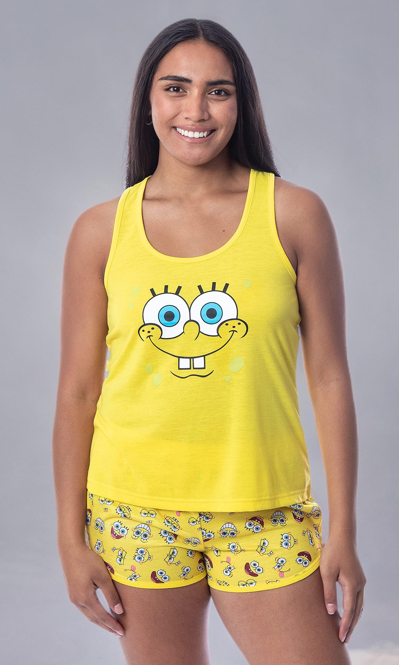 SpongeBob SquarePants Women's Pajama Set - Nickelodeon Cartoon Character Tank Top & Shorts Sleepwear for Lounge, Sleepovers & Cosplay