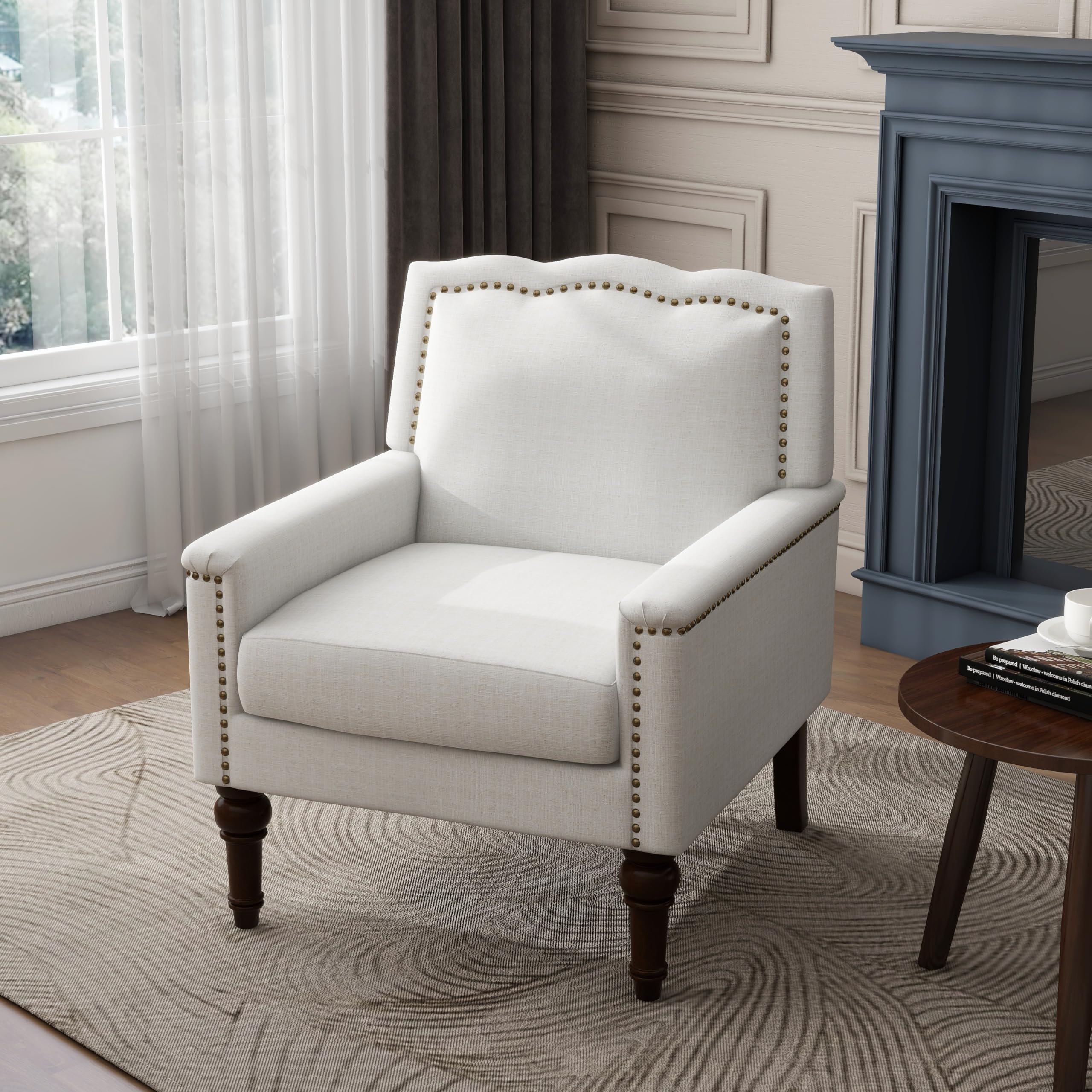 UIXE Modern Accent Chair with Nailhead Trim - Linen Upholstered Armchair with Wooden Legs for Living Room, Bedroom & Reading Nook - Comfortable Lounge Seating for Relaxation & Home Decor (Beige)