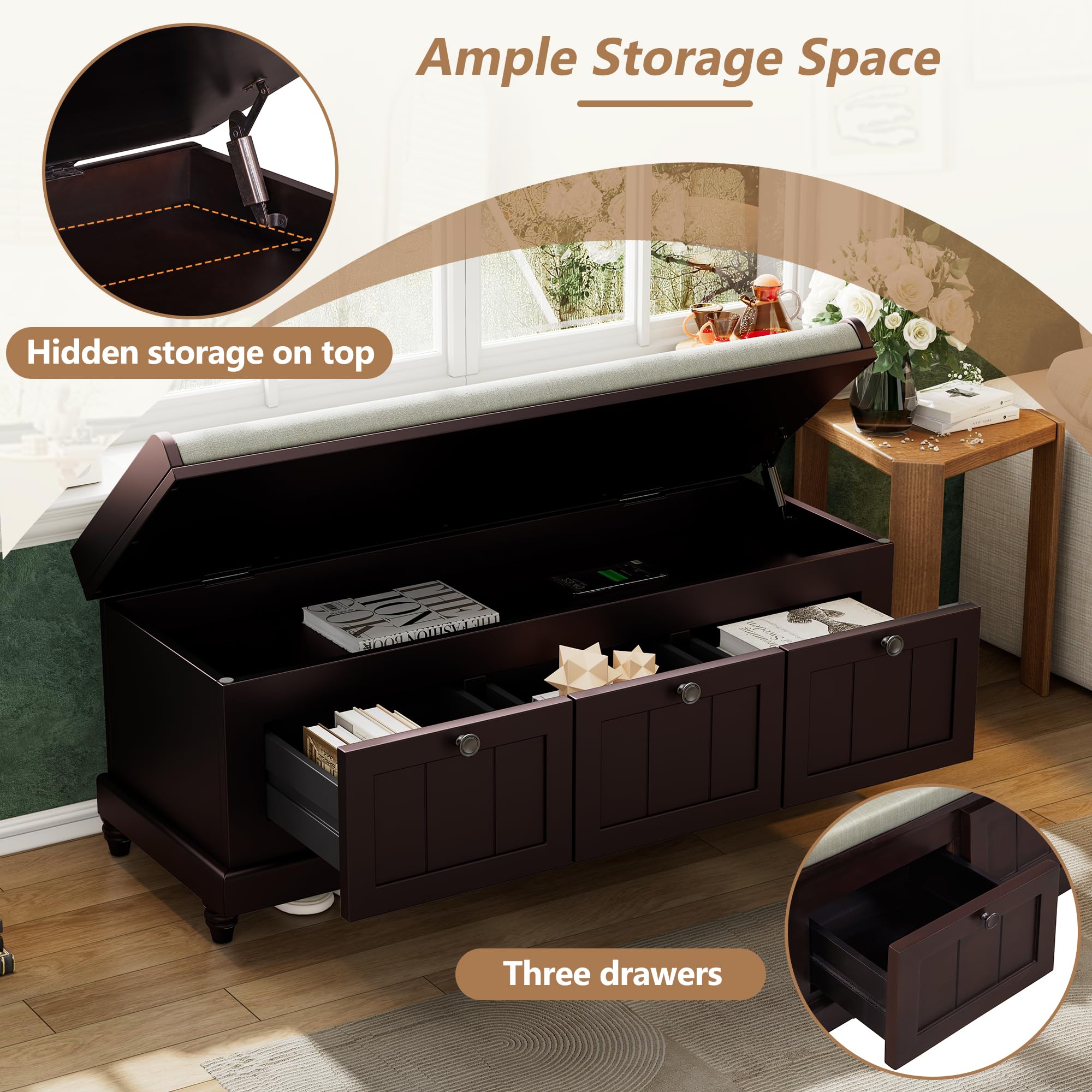 Farmhouse Storage Bench with 3 Drawers - Wooden Entryway Shoe Bench with Cushion for Living Room & Hallway Storage