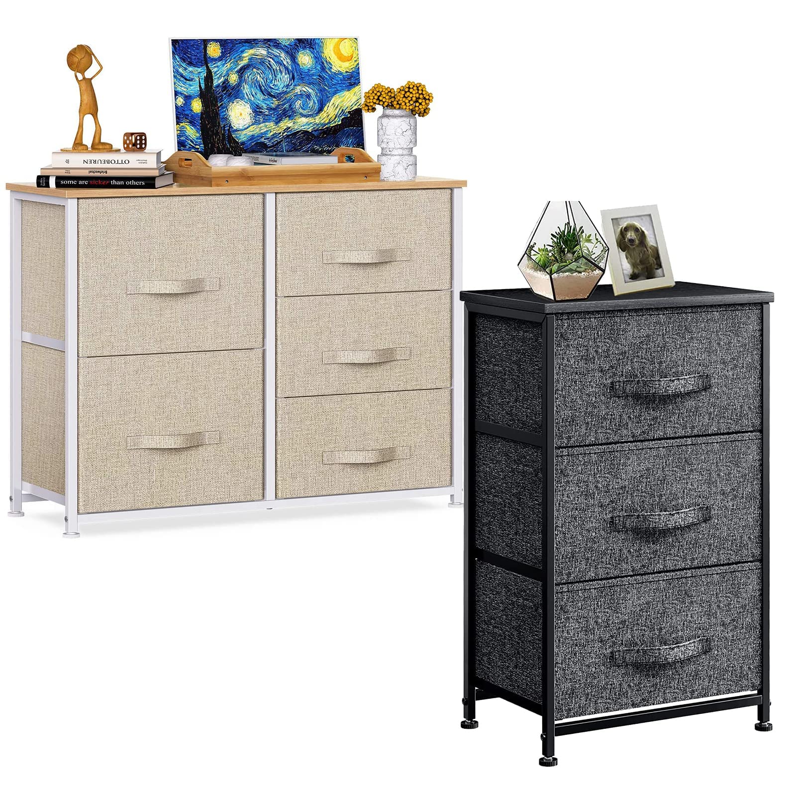 Pipishell 5-Drawer Fabric Storage Chest & 3-Drawer Fabric Dresser Storage Tower Organizer - Perfect for Closet, Bedroom, Nursery, and Office Organization