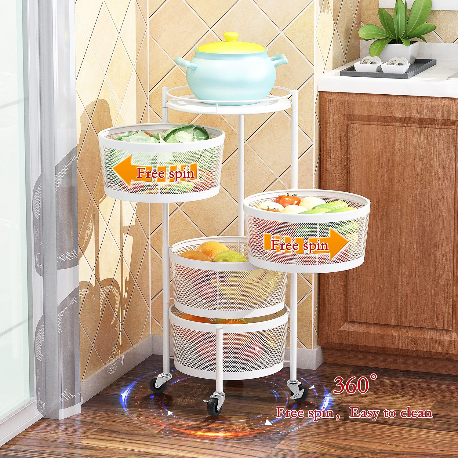 5-Tier Rotating Storage Basket with Wheels - White Kitchen Organizer for Fruits, Vegetables & More - Free Standing Utility Cart for Living Room, Bedroom & Office - Space-Saving Corner Shelf (4-Tier Version)