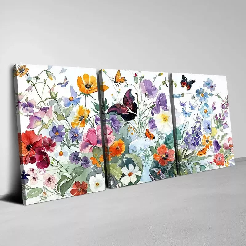 3-Piece Watercolor Wildflowers and Butterflies Wall Art Set - Framed Canvas 50x70cm | High-Quality Print | 100% Australian Made | Ready to Hang | Perfect for Living Room, Bedroom & Office Decor