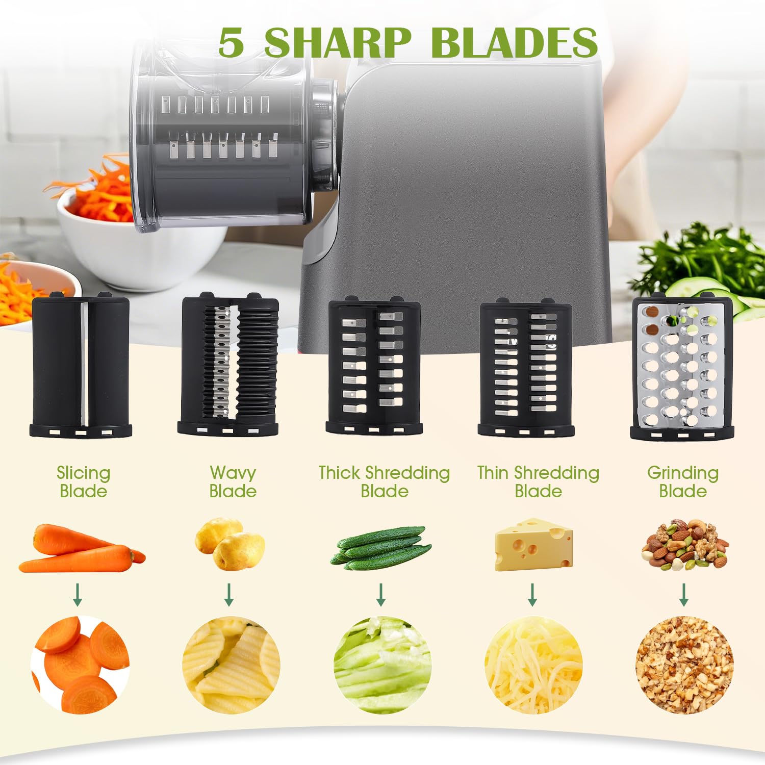 Electric Cheese Grater & Vegetable Shredder - 5-in-1 Multifunctional Kitchen Tool with Rotary Blades, Meat Grinder & Sausage Stuffer - Perfect for Grating Cheese, Shredding Vegetables, Making Salads & Homemade Sausages (Includes Kubbe Kit & Tomato Strainer) - Ideal for Home Cooking, Meal Prep & Party Food Preparation