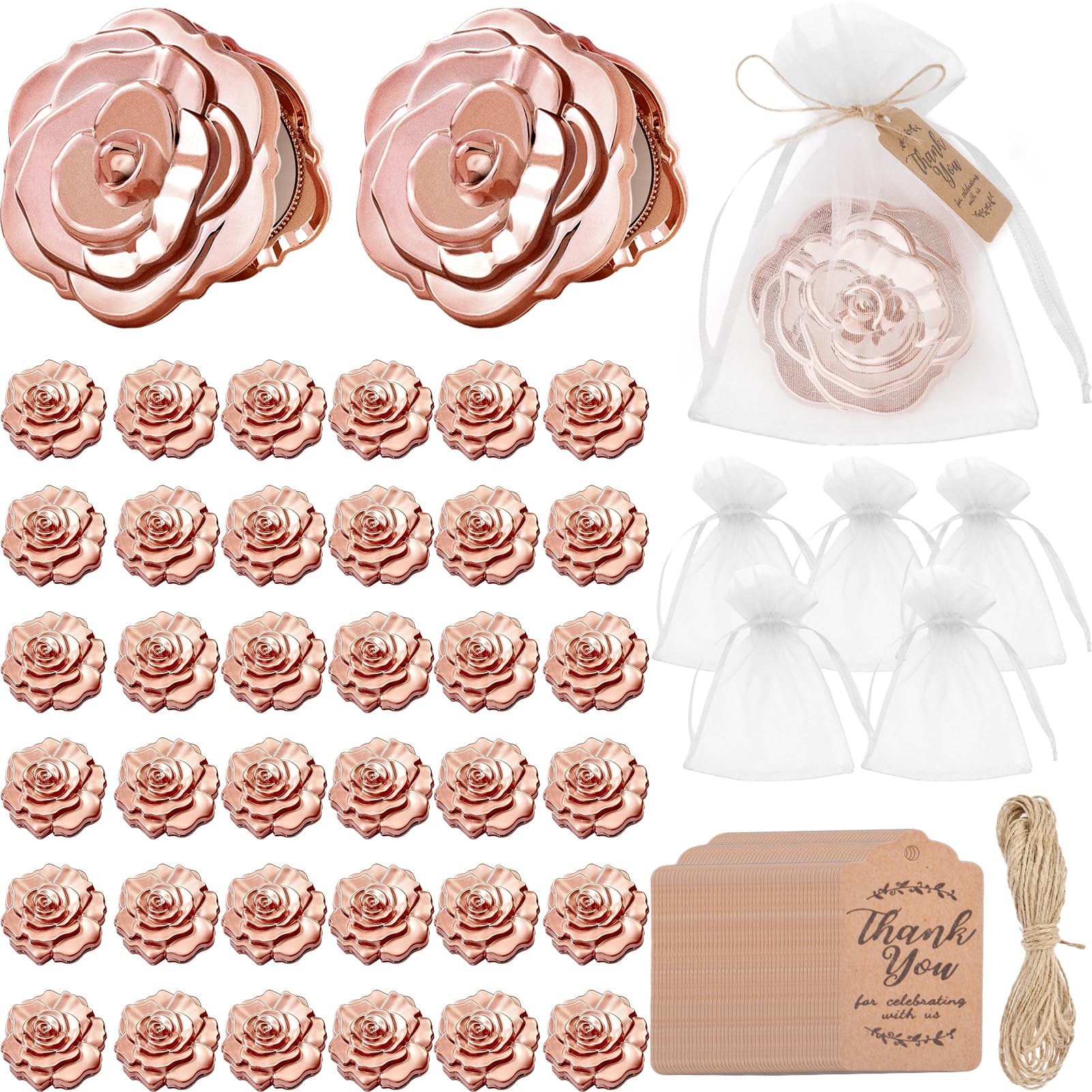 100-Piece Rose Compact Mirrors Bulk Set - Elegant Quinceañera & Wedding Party Favors with Rose-Shaped Mirrors, Thank You Tags & White Organza Bags - Perfect for Quinceañeras, Weddings, Bridal Showers & Guest Souvenirs