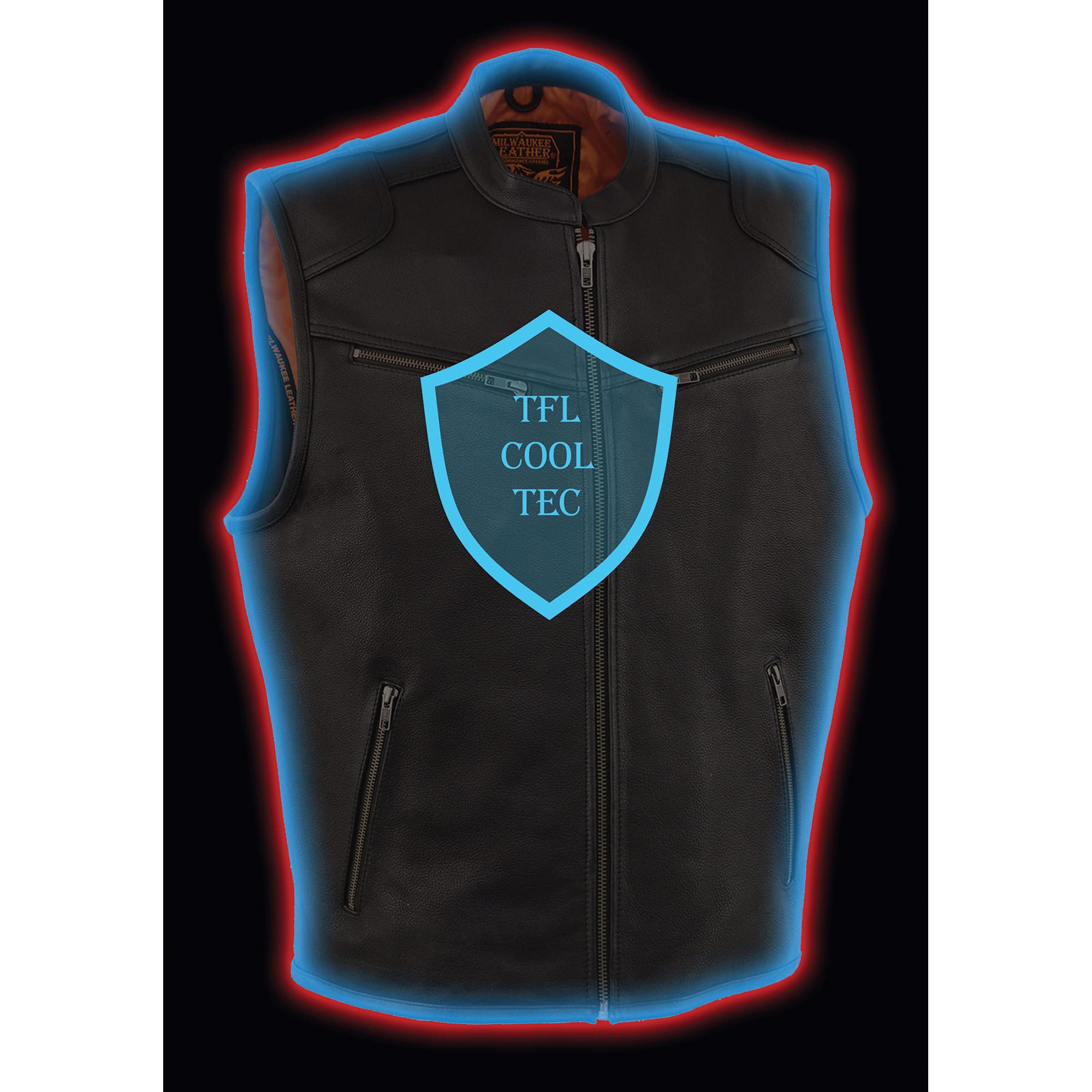 Milwaukee Leather Men's Cool-Tec Black Leather Vest with Zipper Front & Side Stretch Panels - MLM3502 - Perfect for Motorcycle Riding, Outdoor Adventures & Casual Wear