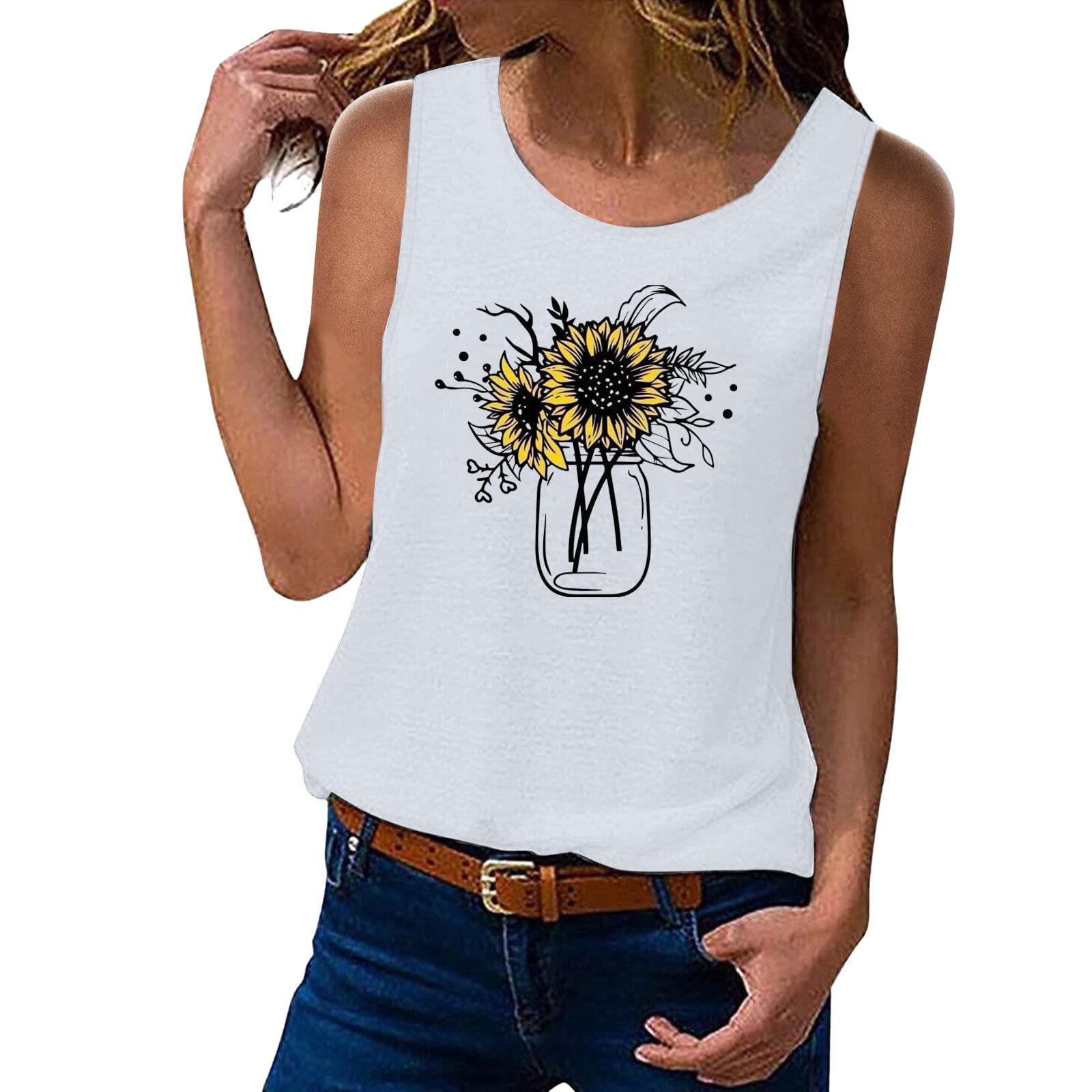 3XL Women's Sleeveless Summer Tank Top with Cute Flower Bouquet Print - Casual Backless Design for Beach, Vacation & Summer Outfits
