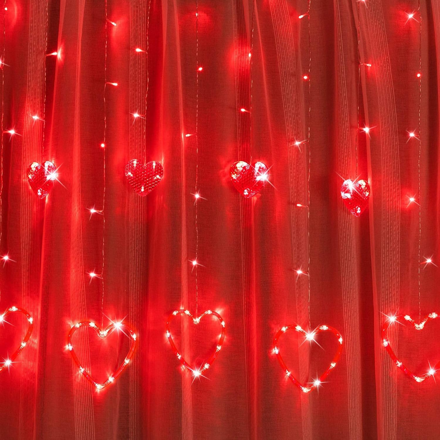 Romantic Heart Curtain Lights - 123 LED Love Heart String Lights with USB & Battery Power for Window, Bedroom, Party Decor - Valentine's Day, Mother's Day Gift (Red) | Perfect for Wedding, Anniversary, Christmas Decorations & Photo Backdrops