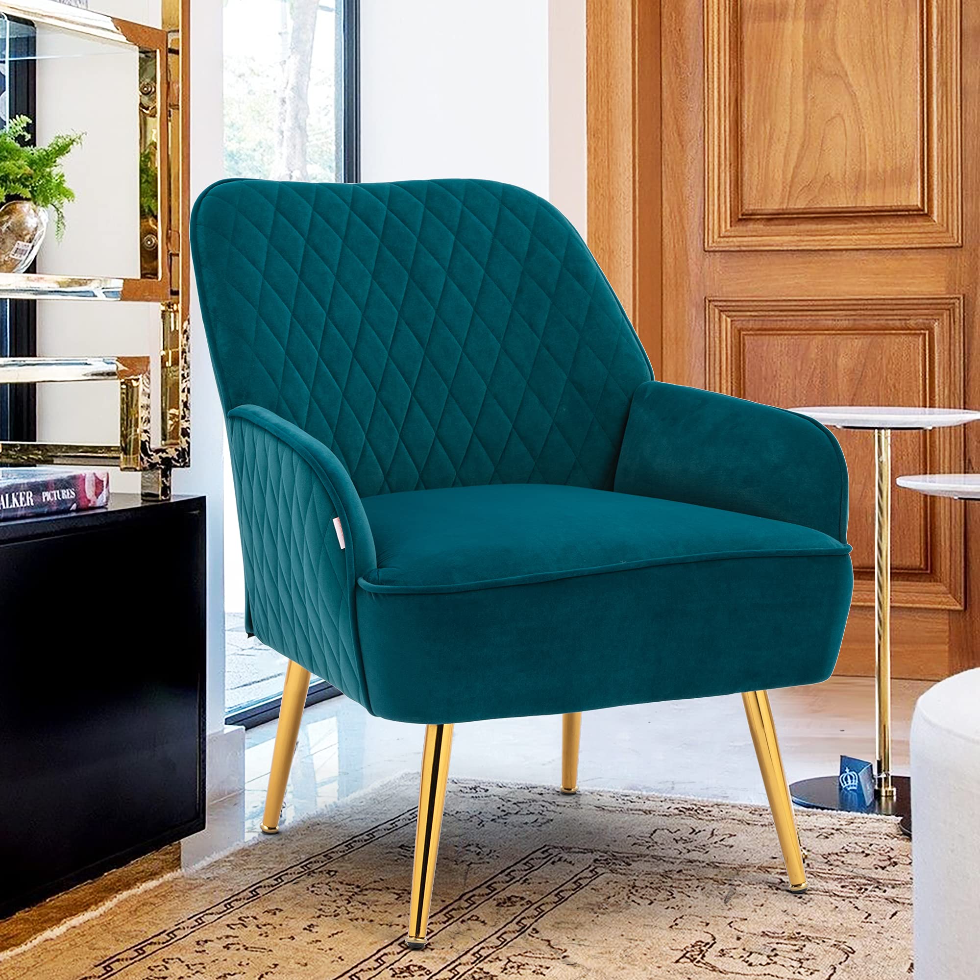 Velvet Accent Chair with Gold Metal Legs - Modern Upholstered Armchair for Living Room, Dining Room, Bedroom & Lounge - Comfortable Club Chair for Leisure & Guests (Teal)