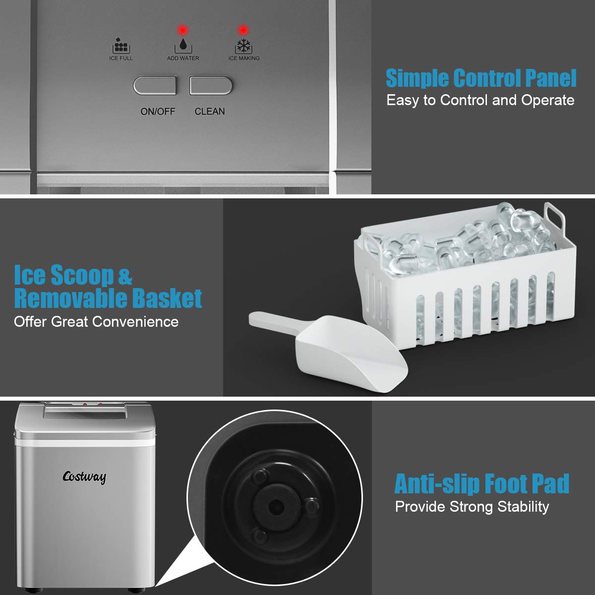 COSTWAY Portable Countertop Ice Maker Machine - 26Lbs/24H Capacity with Self-Cleaning Function, Makes Bullet Ice Cubes in 8 Minutes, Includes Scoop & Removable Basket - Perfect for Home, Office, Parties, Bars, and Outdoor Gatherings (Silver)