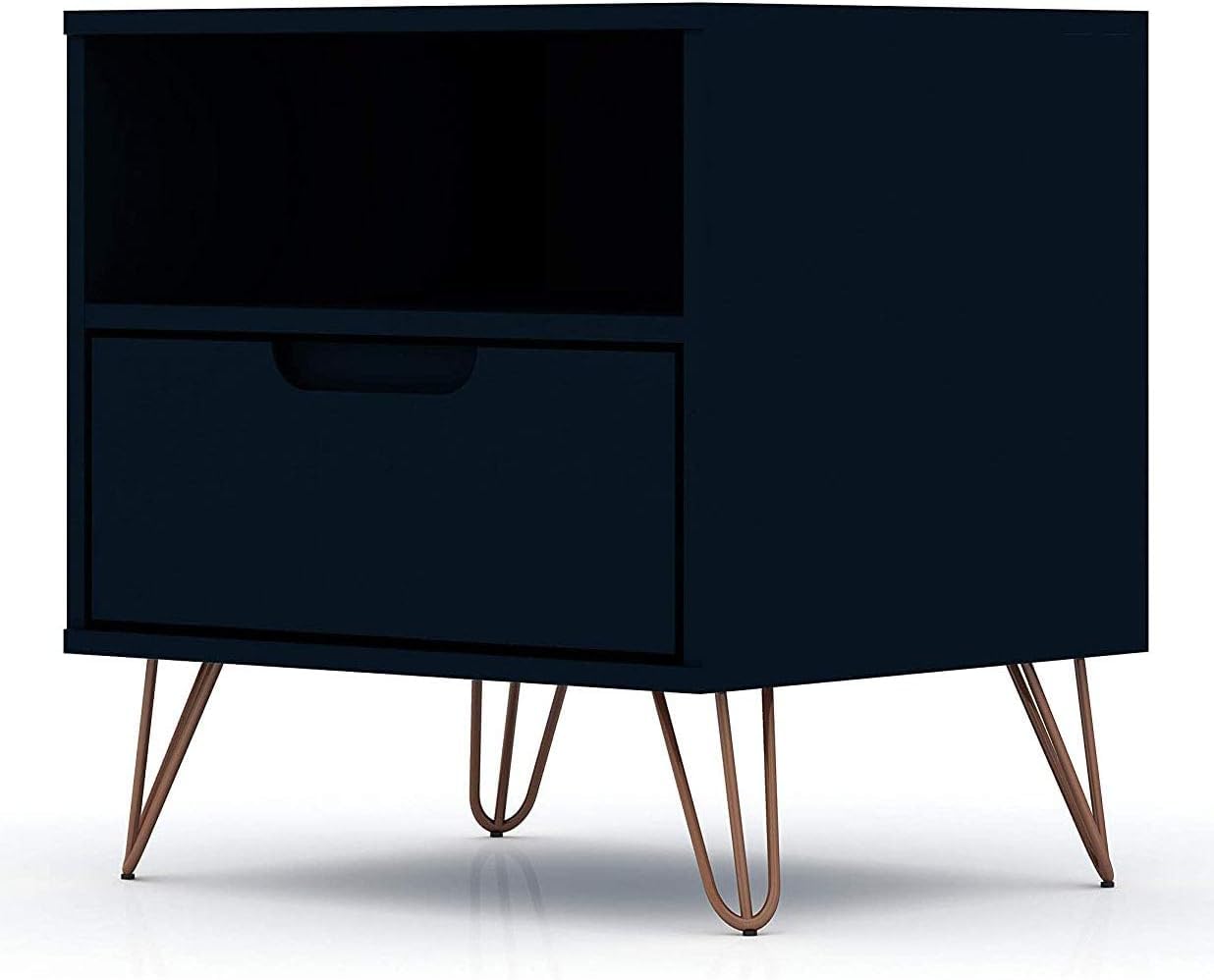 Mid Century Modern Nightstand with Drawer & Cubby - Minimalist Bedside Table for Bedroom & Living Room - Storage Organizer Display Shelf - Midnight Blue - Perfect for Small Spaces & Apartment Decor