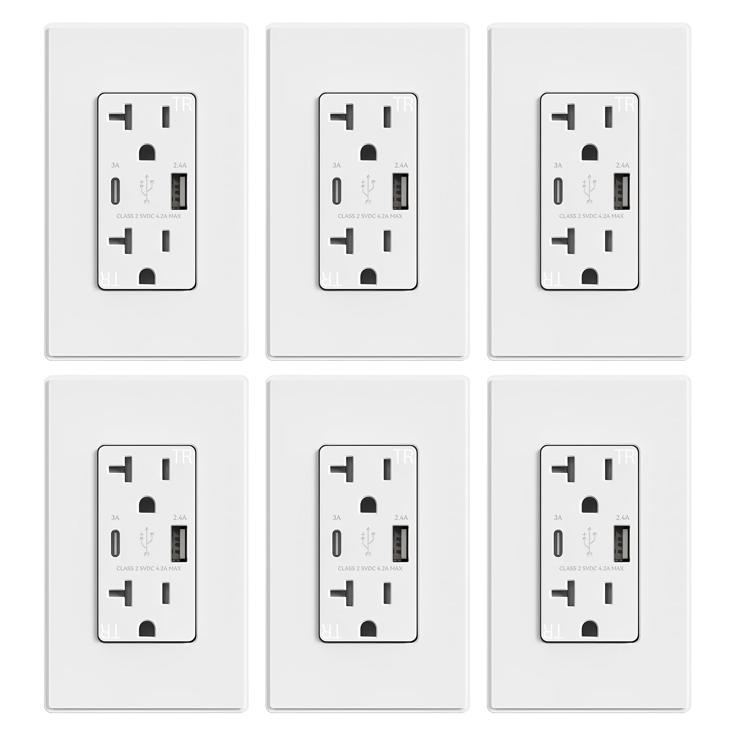 ELEGRP 20A Tamper-Resistant USB Wall Outlet with Type A & Type C Ports - 6 Pack Matte White UL Listed Duplex Receptacle for Home & Office Charging | Includes Wall Plate for Easy Installation | Perfect for Bedrooms, Kitchens and Workspaces