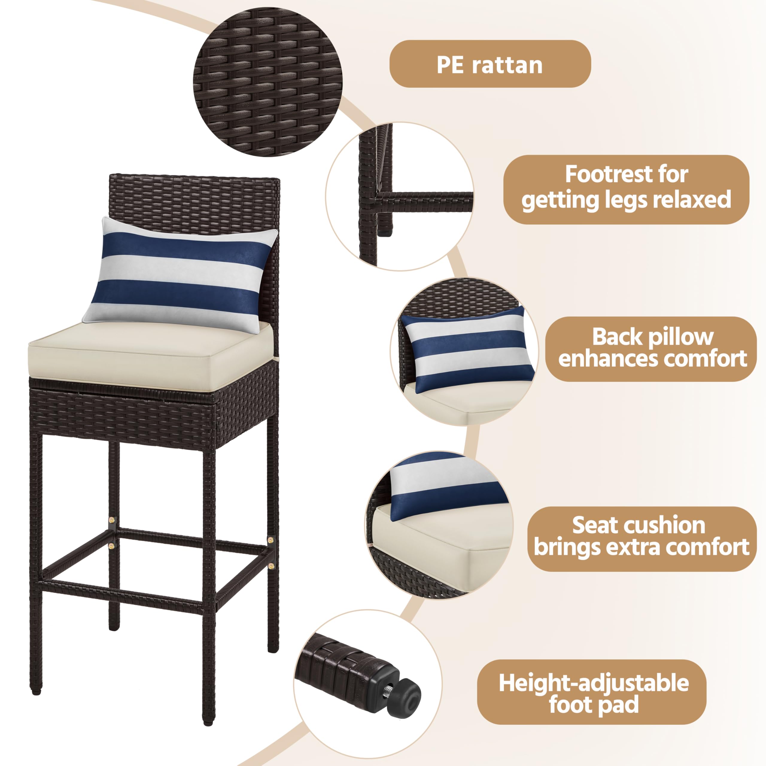Yaheetech Set of 2 Outdoor Bar Stools - PE Rattan Bar Height Chairs with Cushions, Footrests & Backrest - 300lb Weight Capacity - Brown/Beige - Perfect for Patio, Backyard, Porch, Deck or Indoor Dining