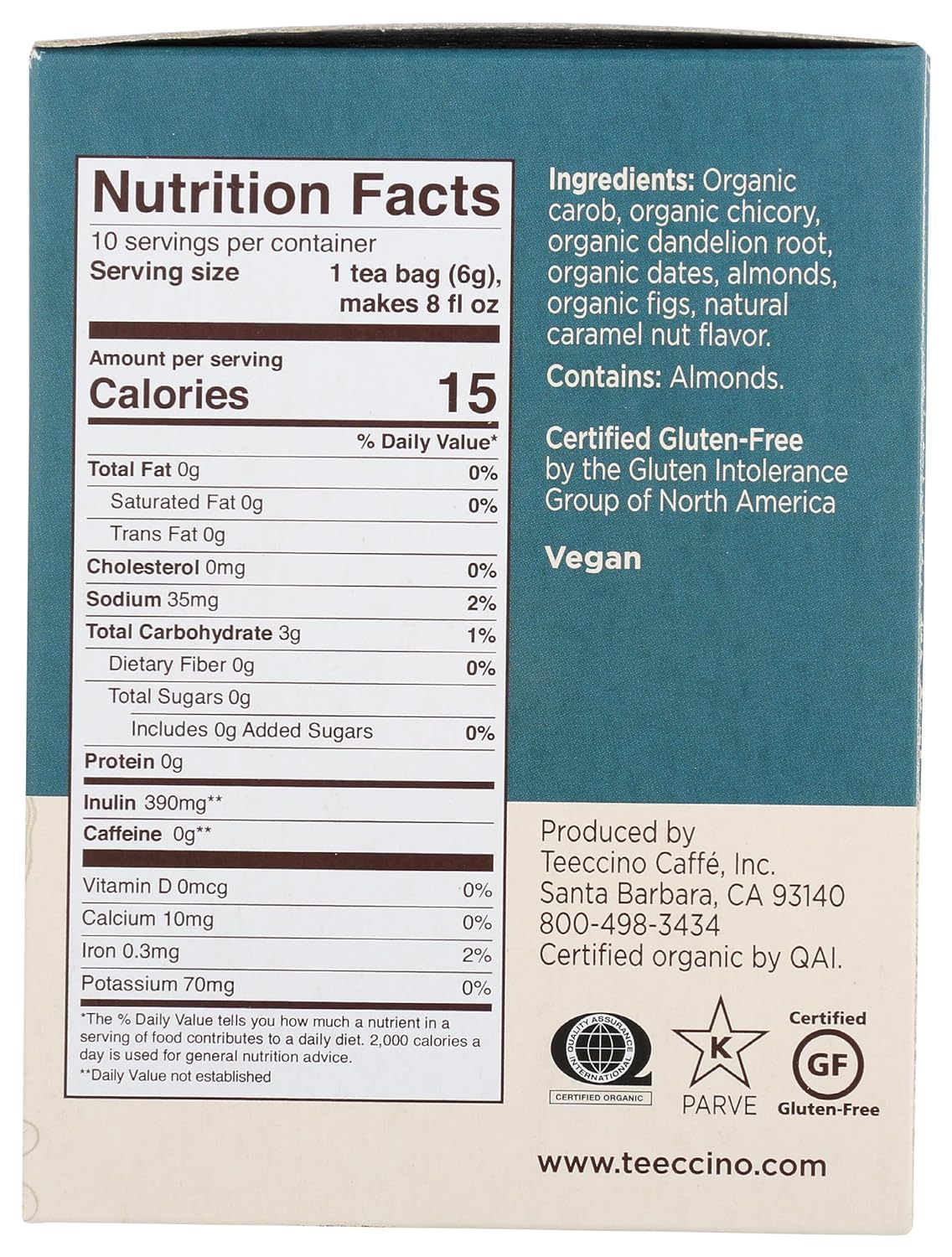 Teeccino Dandelion Caramel Nut Herbal Tea - Caffeine Free, Prebiotic Rich, Gluten Free Roasted Herbal Tea with 3x More Herbs - 10 Tea Bags for Relaxation & Digestive Health