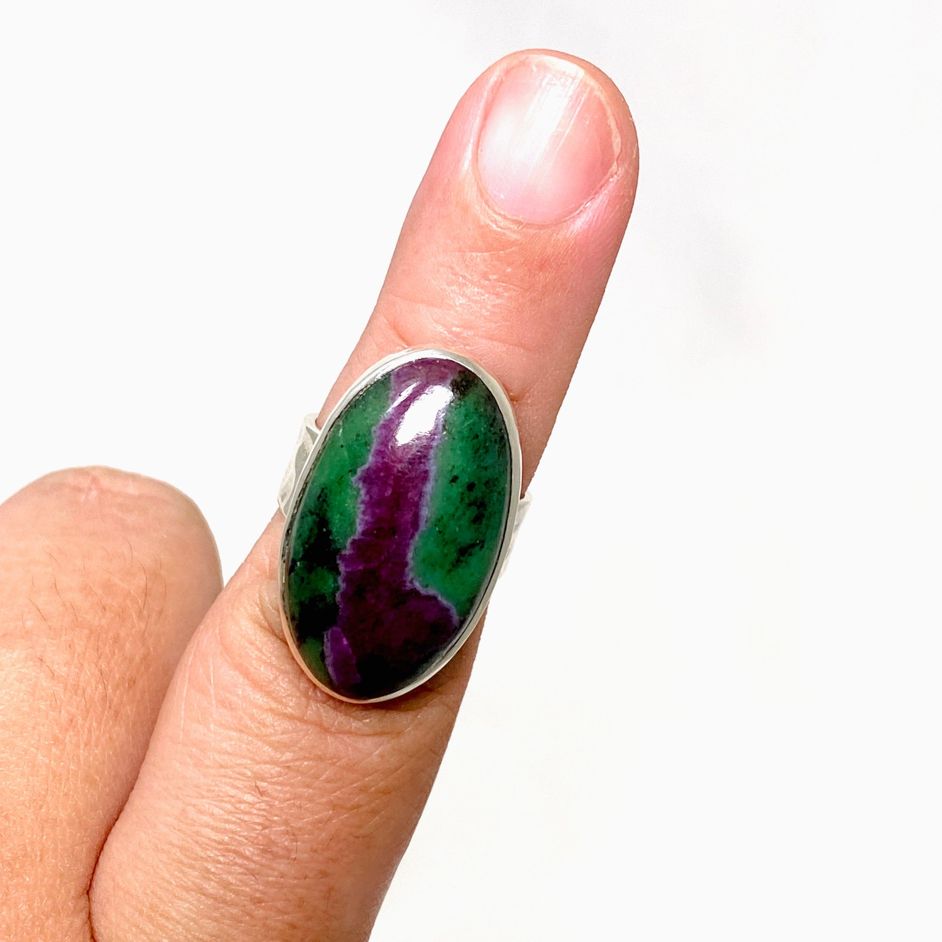 Natural Ruby in Zoisite Oval Ring with Hammered Band - Size 8 Sterling Silver Jewelry KRGJ3251 | Elegant Gift for Women, Perfect for Weddings & Special Occasions