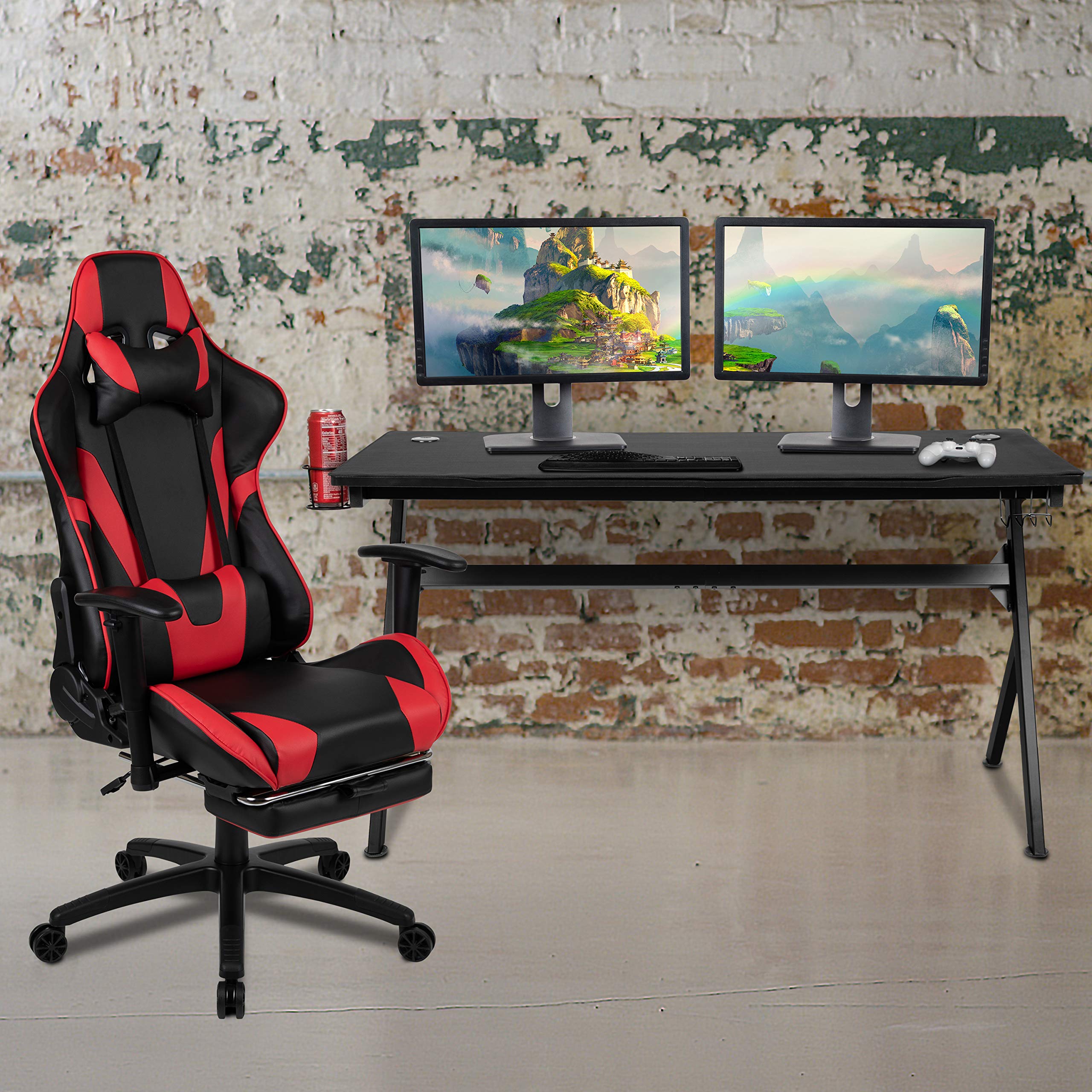 Ergonomic Gaming Desk & Reclining Gaming Chair Set with Red Footrest - Includes Cup Holder, Headphone Hook, Removable Mouse Pad & Cable Management System - Perfect for PC Gamers & Home Office Setup