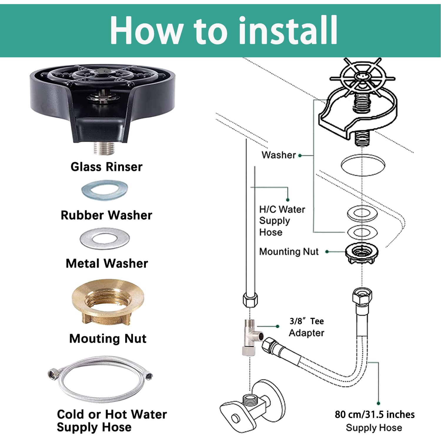 Stainless Steel Glass Rinser for Kitchen Sink - 9 Powerful Jet Bottle & Cup Washer Cleaner - Bar Sink Accessory for Home, Restaurant (Black) | Perfect for Wine Glasses, Beer Mugs & Barware Cleaning