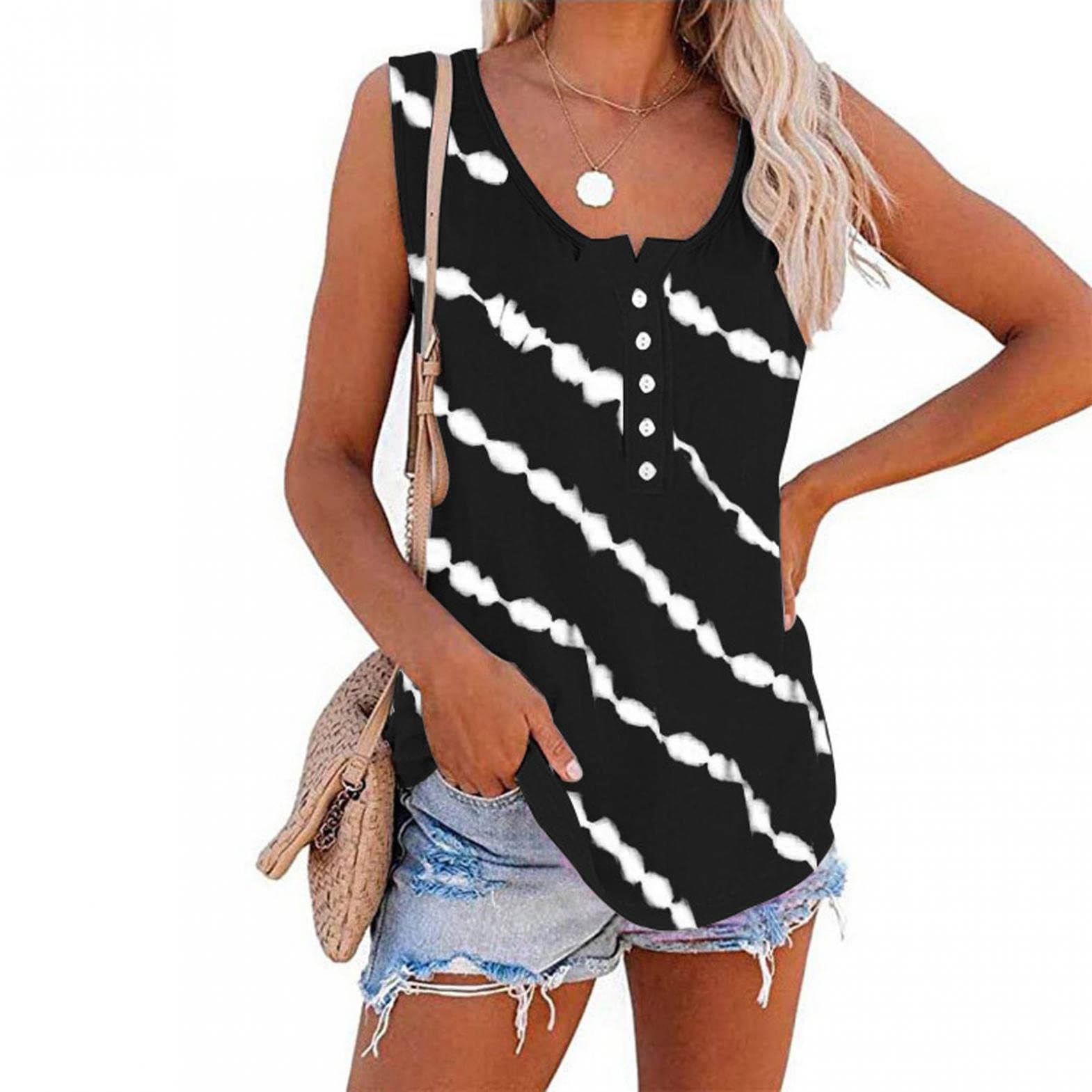 FABIURT Women's Summer Tops 2023 - V Neck Sleeveless Striped Casual Loose Tank Tops & Tee Vests | Perfect for Beach Outings, Vacation Wear and Summer Fashion
