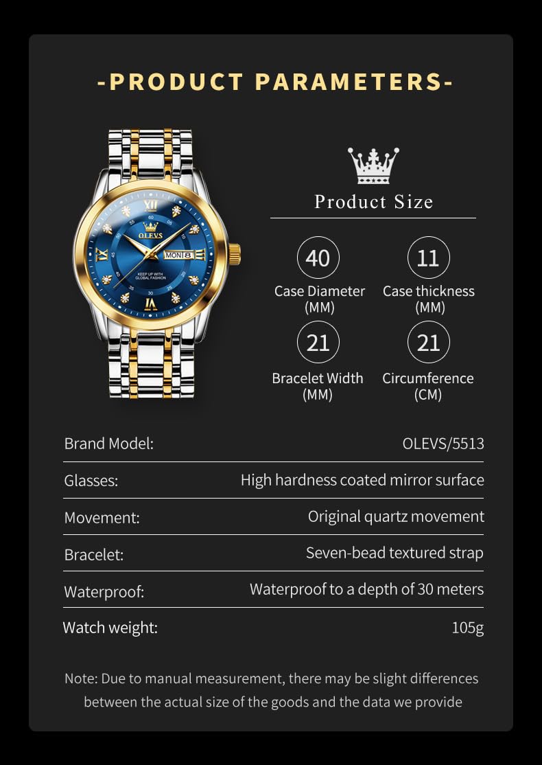 OLEVS Men's Luxury Diamond Watch - Stainless Steel Business Dress Wristwatch with Quartz Movement, Waterproof & Luminous Day Date Display - Perfect for Formal Events, Office Wear & Special Occasions