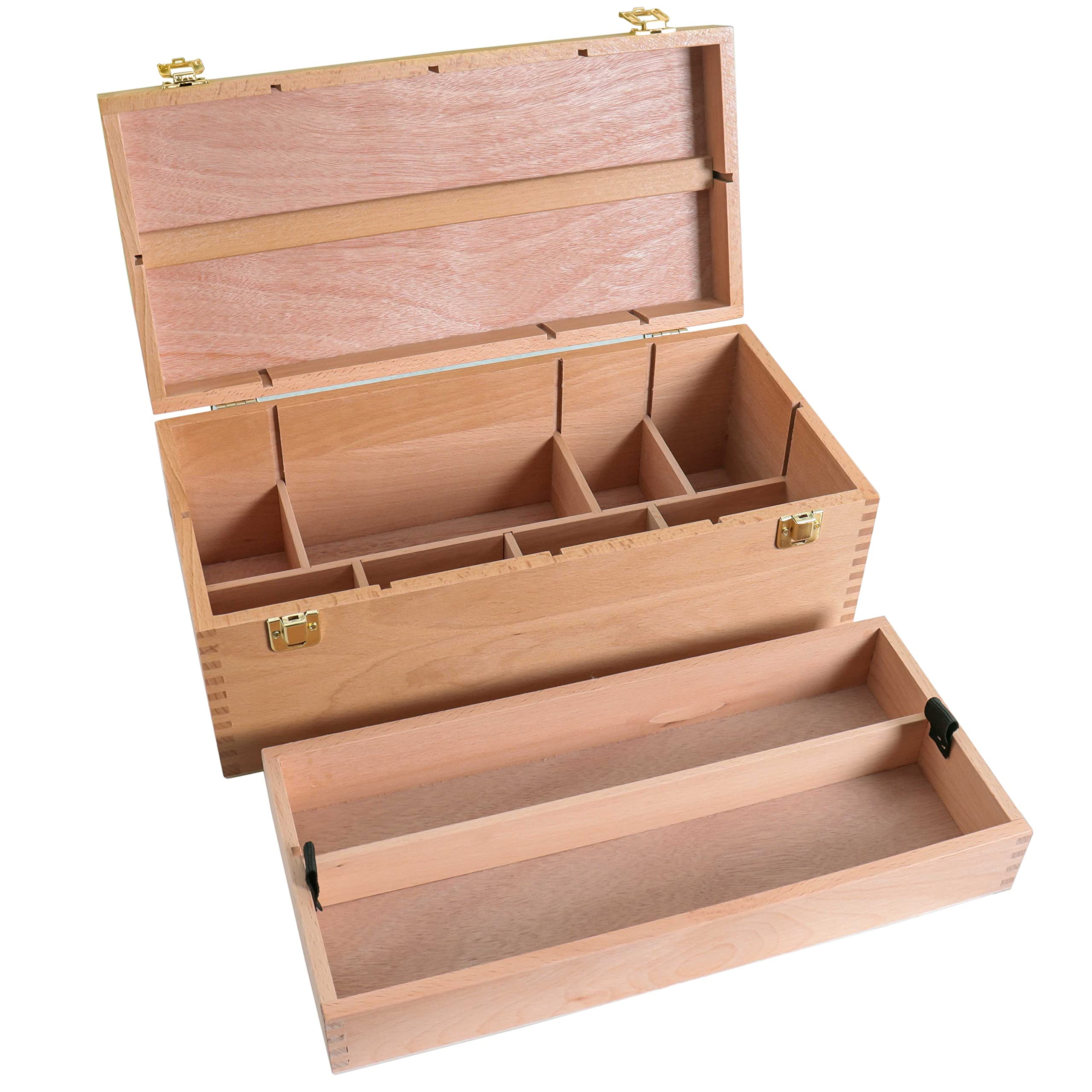 U.S. Art Supply Multi-Function Unfinished Beechwood Artist Tool Storage Box with Removable Tray & Locking Clasps - Organize and Protect Paints, Brushes, Pencils, Art Supplies - Perfect for Studio, Classroom, and Outdoor Painting