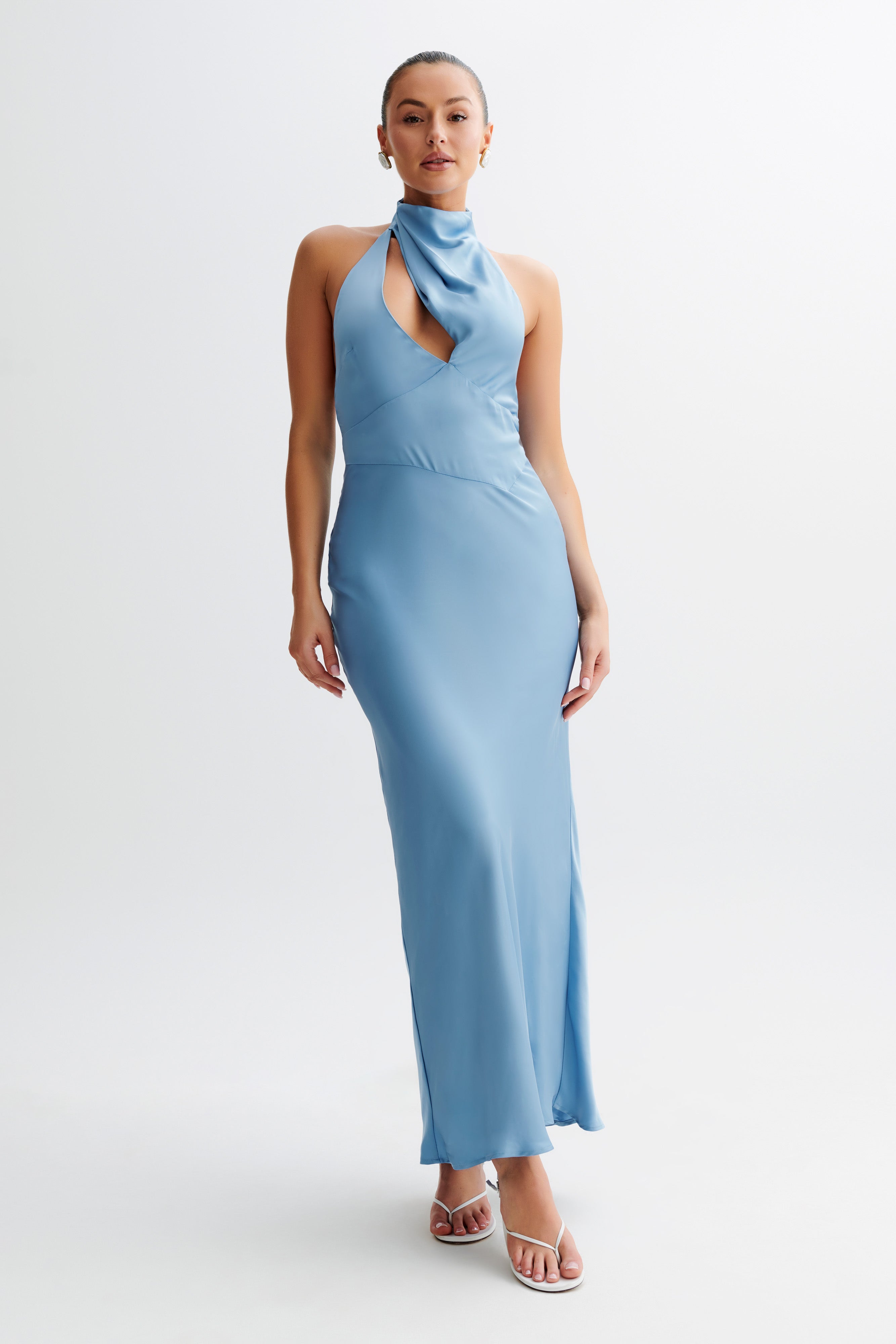 Belladonna Satin Halter Maxi Dress - Elegant Iris Blue Formal Gown for Women | Perfect for Evening Parties, Weddings & Special Occasions
