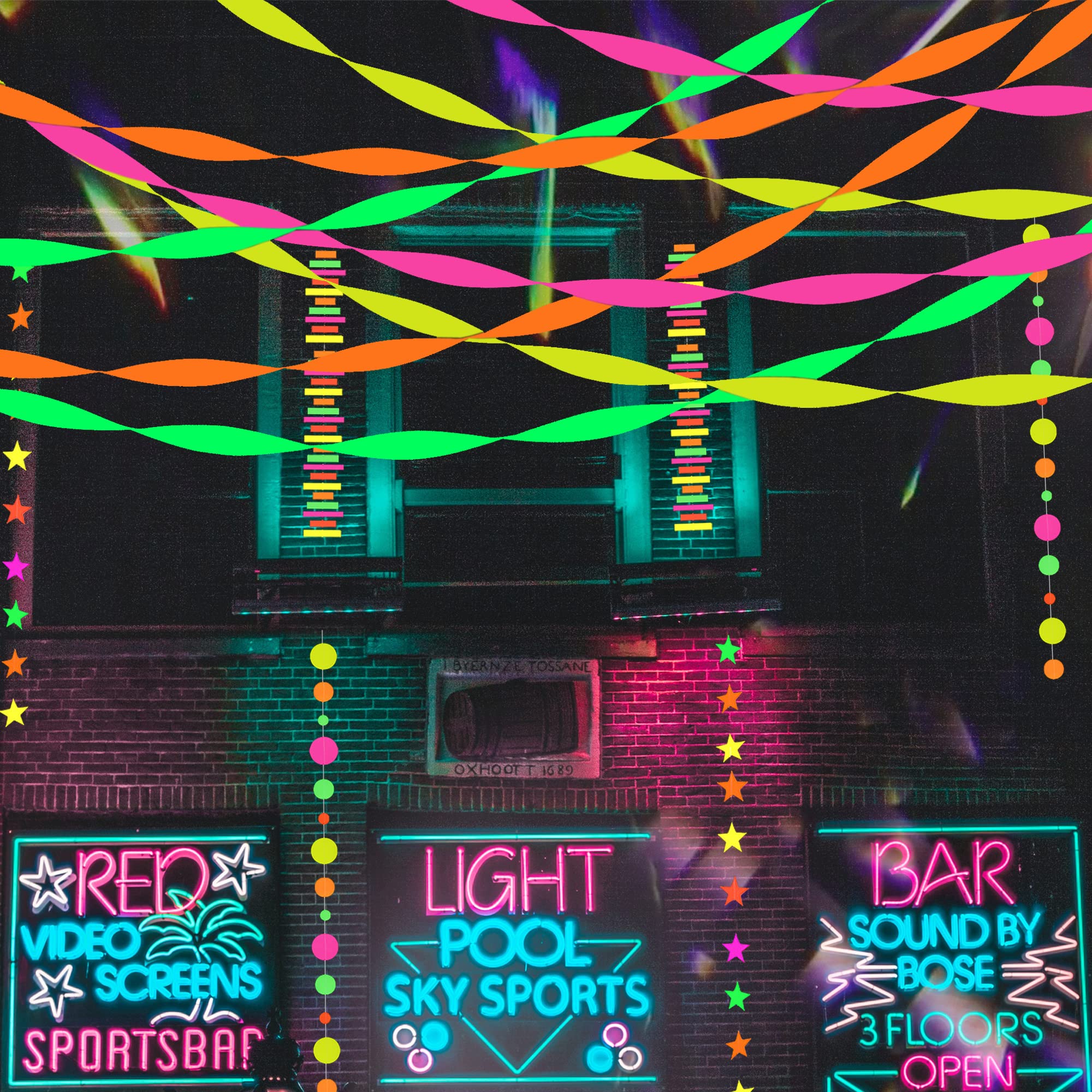 Glow in The Dark Party Streamers - 8 Rolls Neon Crepe Paper Decorations for Blacklight, Fluorescent Reactive Party Supplies | Perfect for Neon Parties, Birthday Celebrations, Raves & Nightclub Events