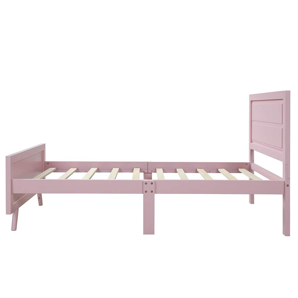**Solid Wood Twin Bed Frame with Headboard - No Box Spring Needed, Wood Slat Support, Pink - Perfect for Kids' Rooms, Guest Beds & Small Spaces**