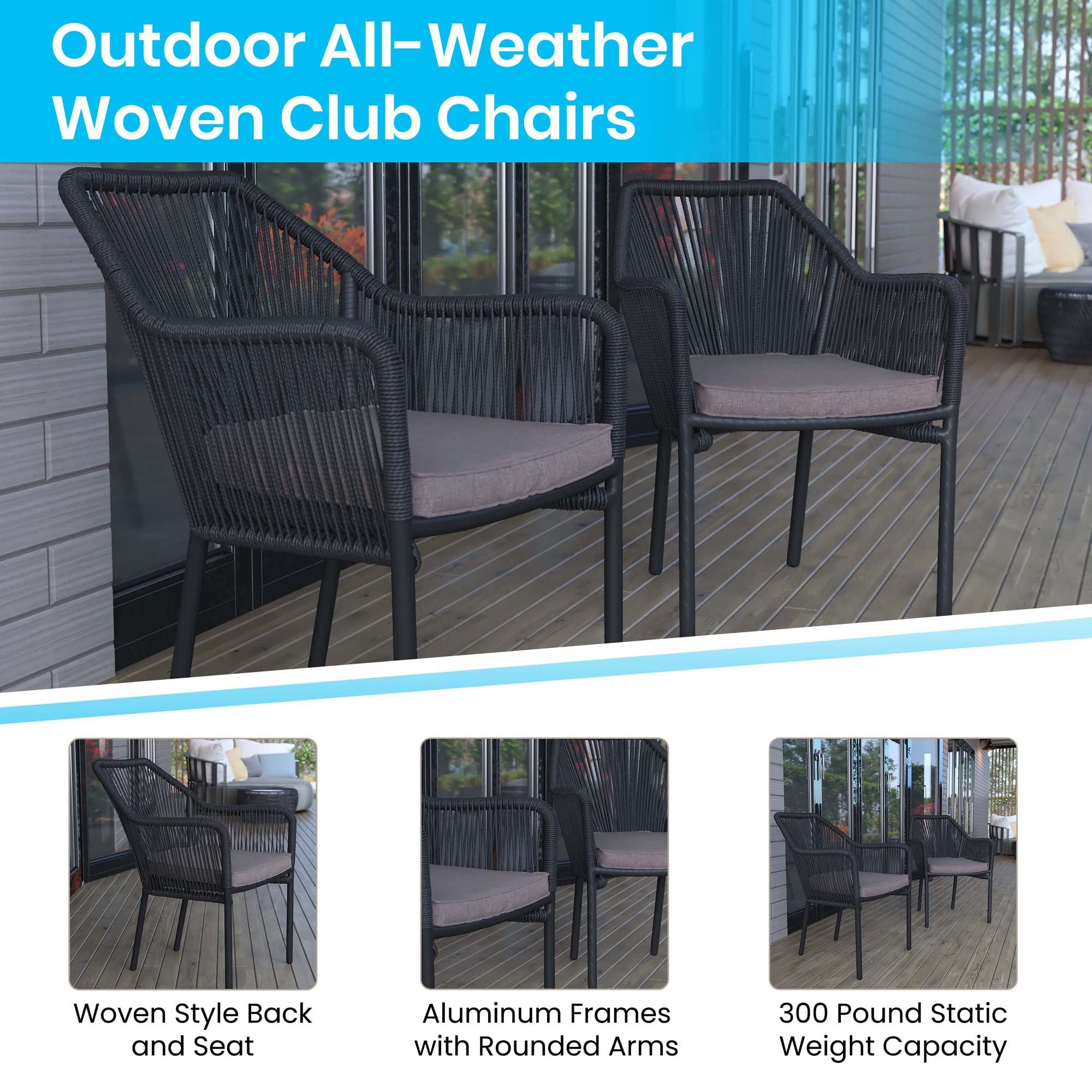 Flash Furniture Kallie Set of 2 Stacking Club Chairs - Indoor/Outdoor UV Resistant Woven Black Seats - Gray Zippered Cushions - Black Aluminum Frame - Perfect for Patio, Poolside & Garden Relaxation
