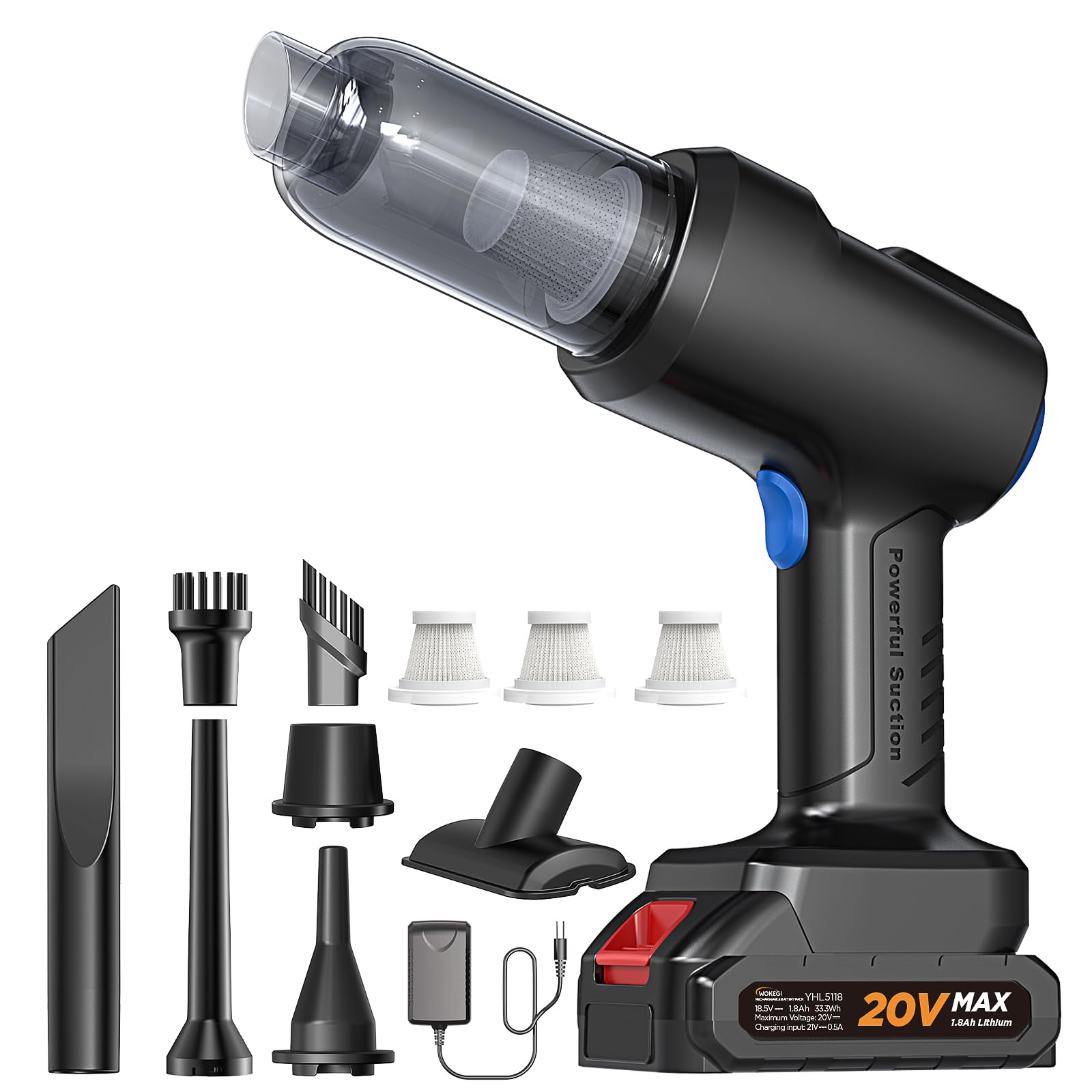 WOKEGI 22000Pa Cordless Handheld Car Vacuum Cleaner - Rechargeable Wet/Dry Portable Vacuum with Brushless Motor, 12 Accessories for Car Detailing, Home & Office Cleaning