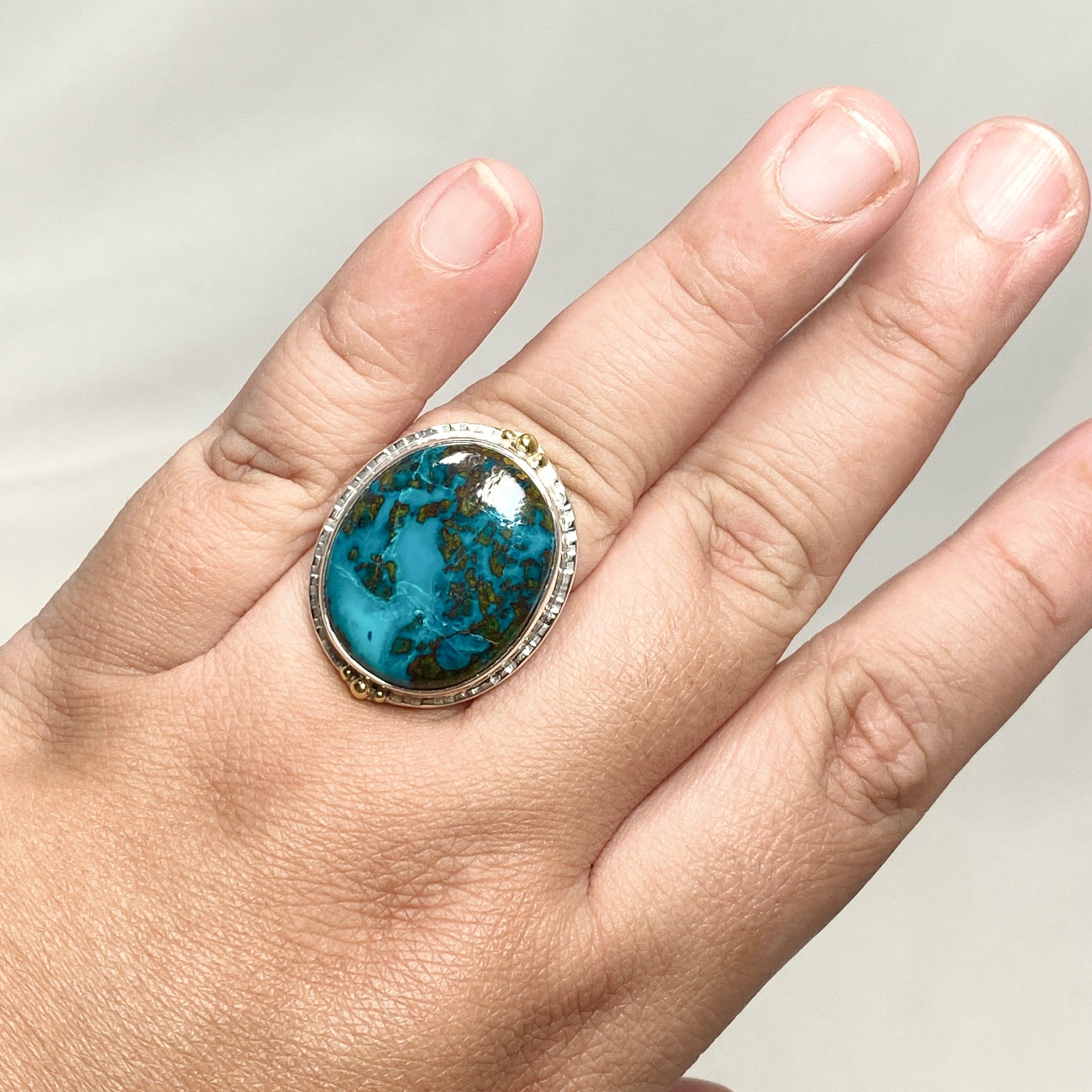 Chrysocolla and Shattuckite Oval Ring with Brass Accents - Size 11 - KRGJ3226 - Perfect for Boho Jewelry Lovers & Spiritual Healing