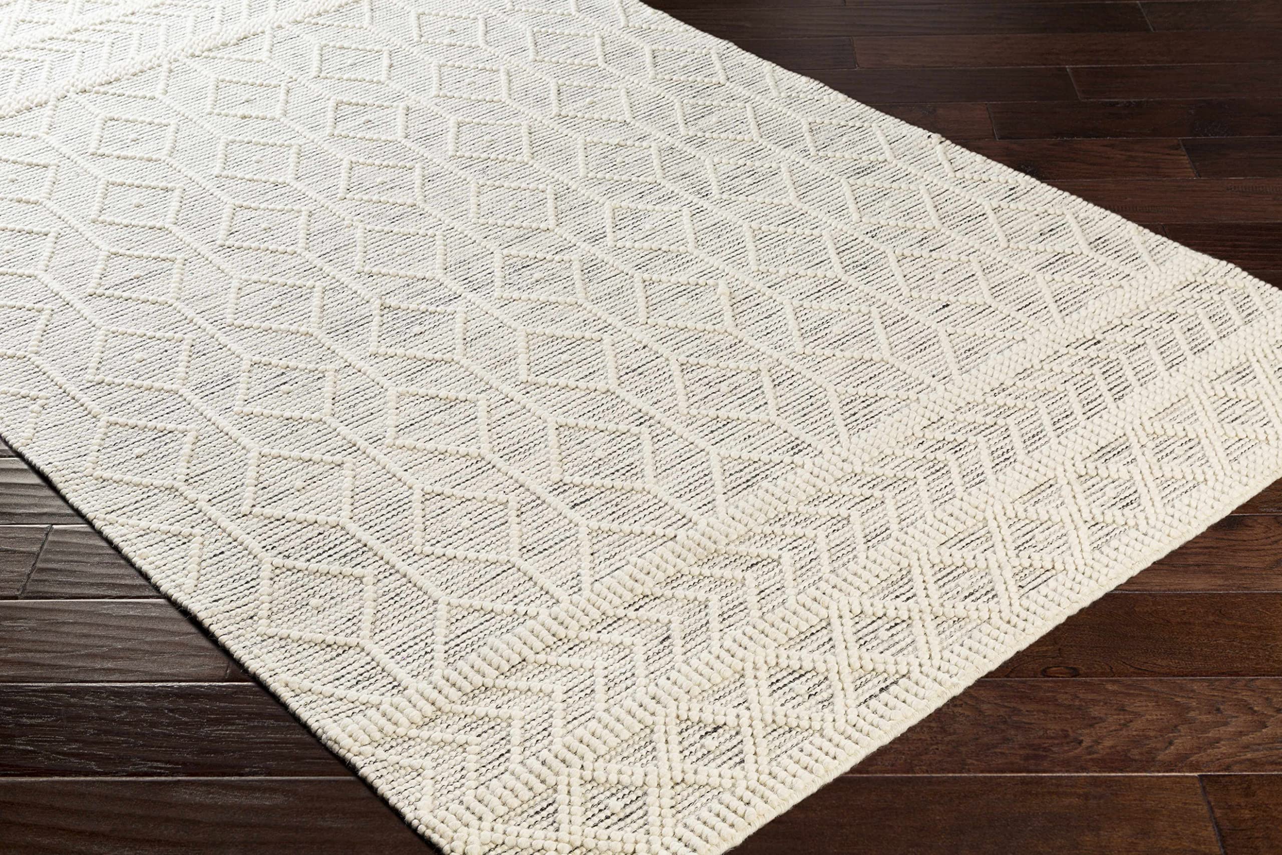 Handwoven Carolina Boho Wool High Low Textured Area Rug - Farmhouse Moroccan Trellis Carpet for Living Room, Bedroom & Dining Room - Handmade Zig Zag Bubble Weave Design - Black, White & Cream - 6' x 9' - Perfect for Bohemian Decor, Cozy Spaces & Modern Farmhouse Style