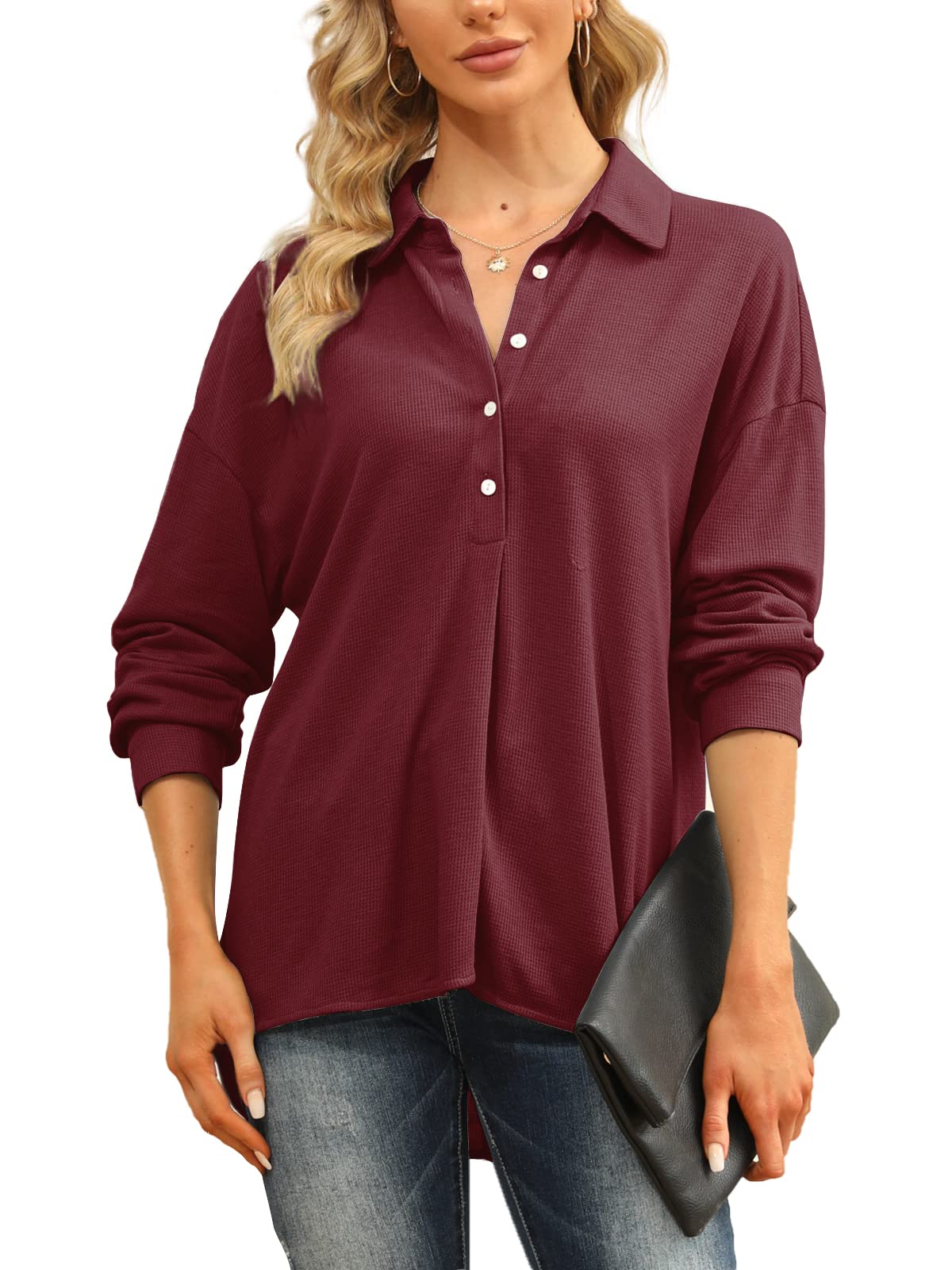 Jeanewpole1 Women's Long Sleeve Waffle Knit Button Down Shirt - Casual Collared Blouse for Office, Date Night & Fall Layering