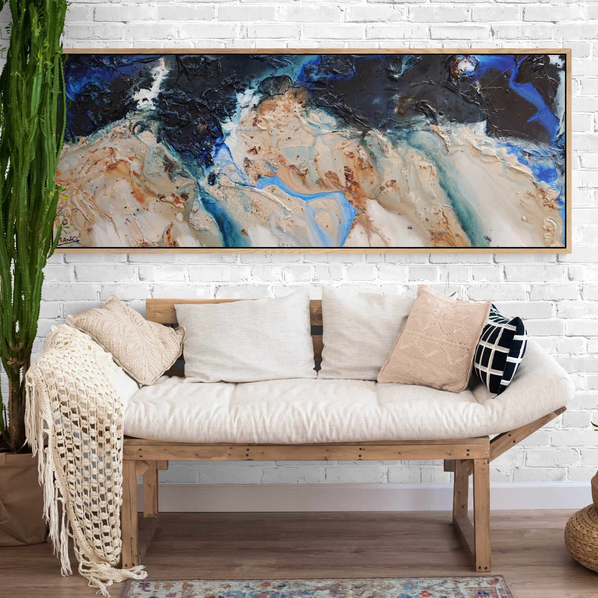 Midnight Hour 160cm x 60cm Blue Cream Textured Abstract Canvas Painting - Modern Wall Art for Living Room, Bedroom & Office Decor