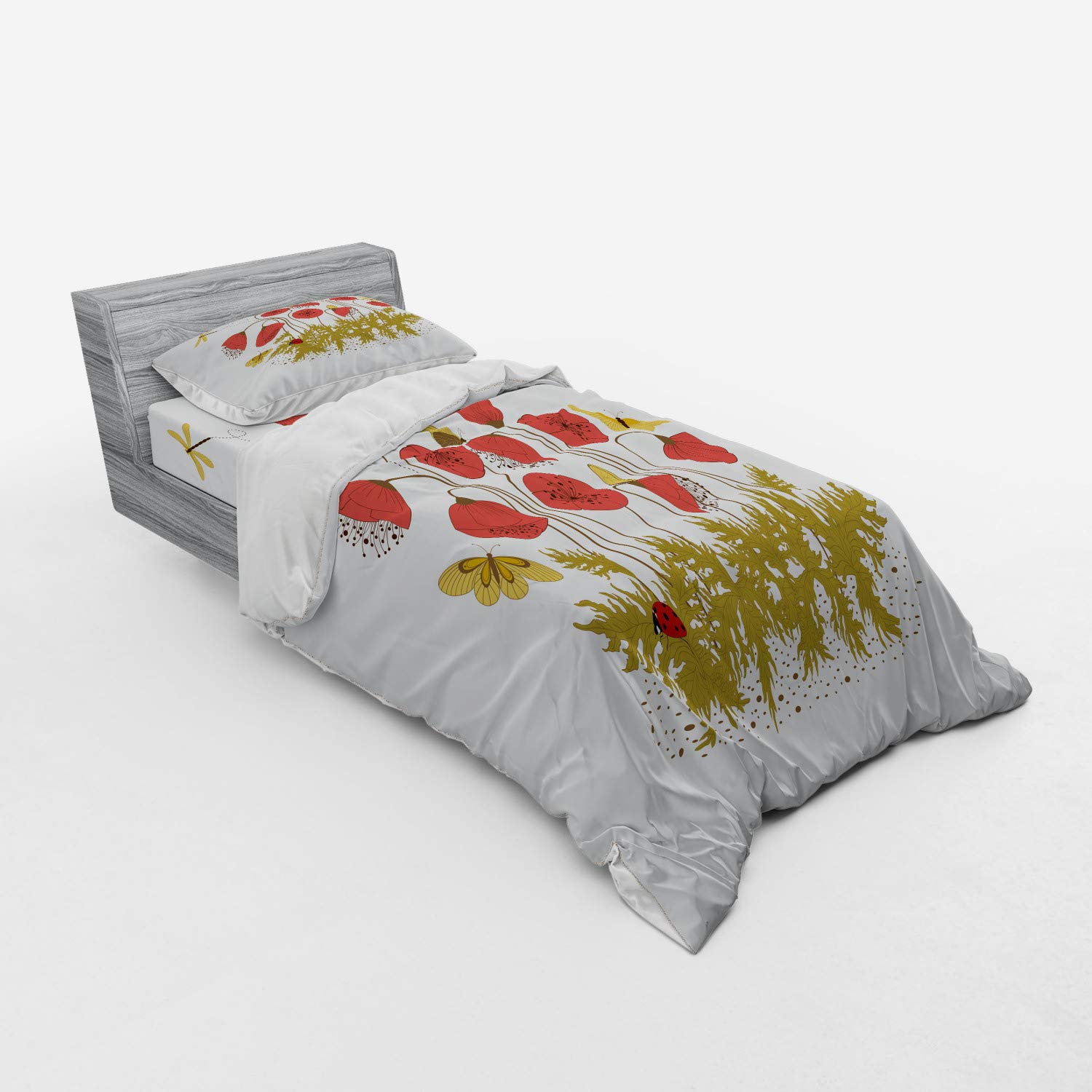 Ambesonne Floral Duvet Cover Set - Poppies, Dragonflies, Butterflies & Ladybugs Design | 3-Piece Twin XL Bedding Set with Sham & Fitted Sheet | Coral, Pale Khaki & White | Perfect for Spring & Summer Bedroom Decor