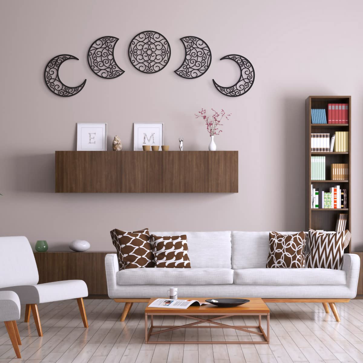 Bnesi 5Pcs Moon Phase Wall Decor - 12 Inch Spiritual Boho Bedroom Hanging Decorations for Home, Black | Perfect for Meditation Rooms, Yoga Spaces & Bohemian Home Decor