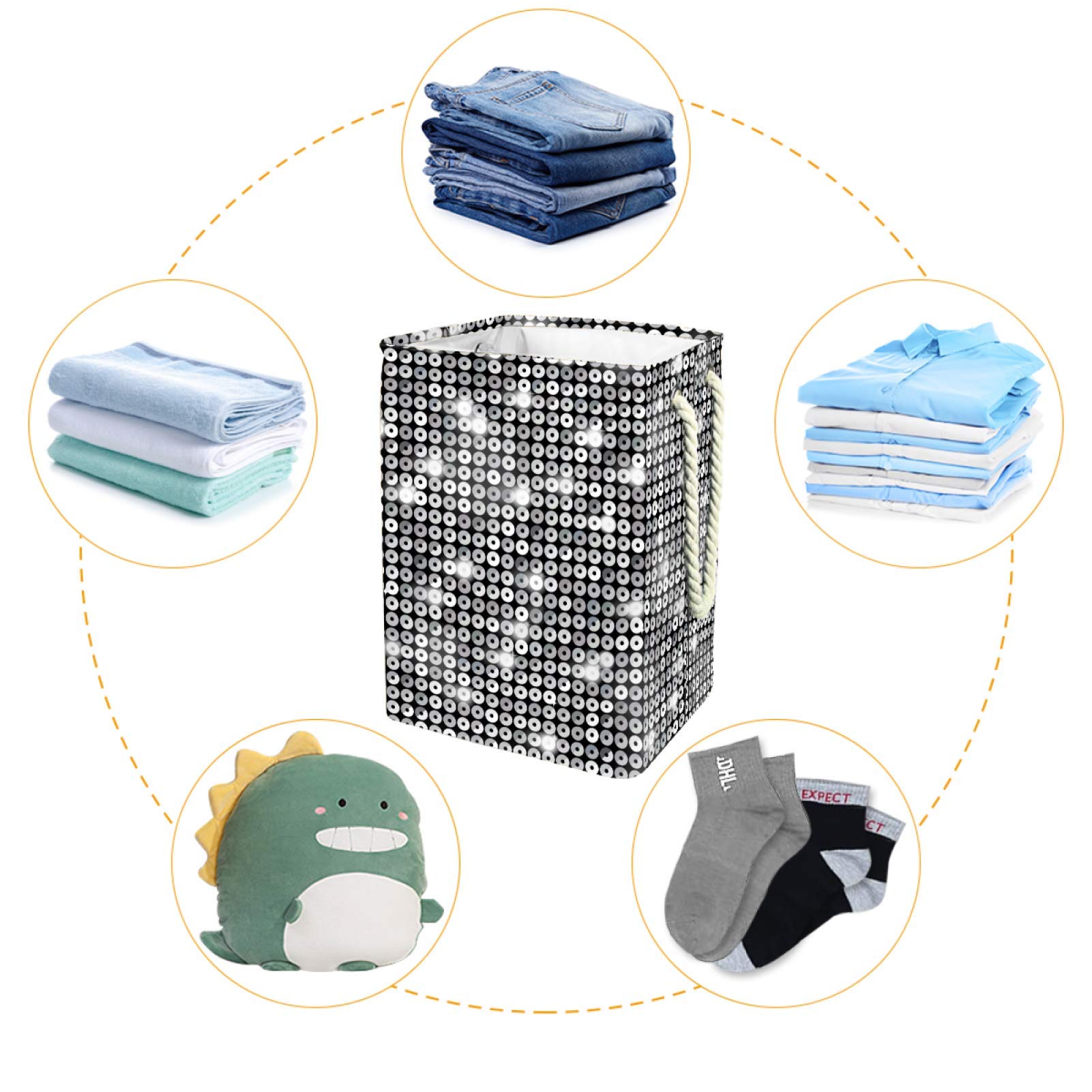 Silver Sequin Glitter Foldable Laundry Hamper Storage Basket - 19.3x11.8x15.9 Inch Organizer for Nursery, Playroom, Closet & Home Organization | Perfect for Kids' Rooms, Dorm Storage & Toy Collection