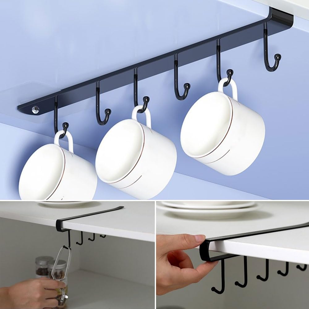 2 Pack Under Cabinet Mug Hooks Rack - No Drill Cup Holder Hanger with Adhesive Stickers (6 Hooks) for Mugs, Ties, Belts & Scarfs - Space Saving Kitchen Organizer for Coffee Cups, Utensils & Accessories