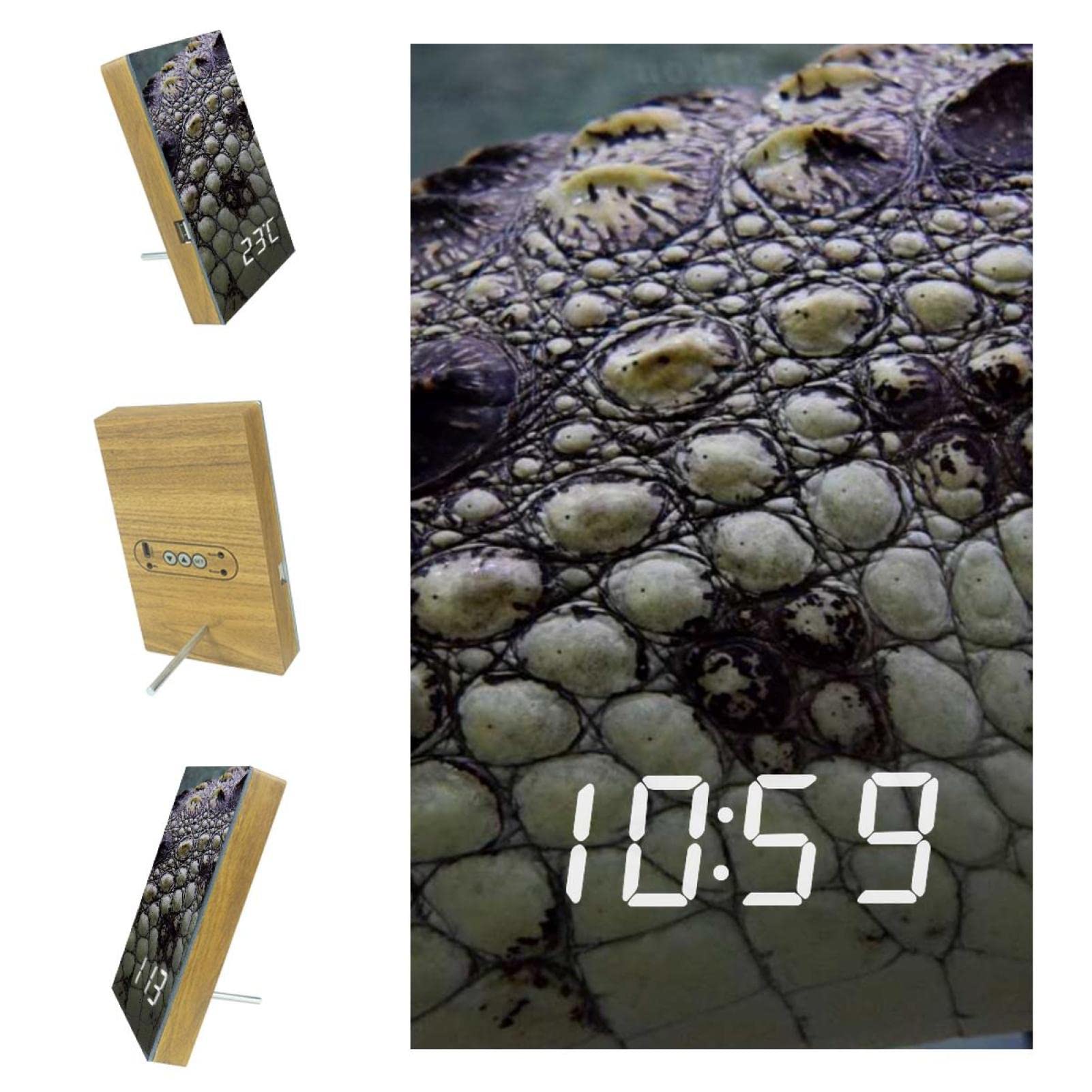Battery Operated LED Digital Alarm Clock for Kids with USB Charging & Temperature Display - Wooden Bedside Clock for Bedroom, Wild Animal Crocodile Design - Perfect for Kids' Rooms, Nightstands, and Home Decor