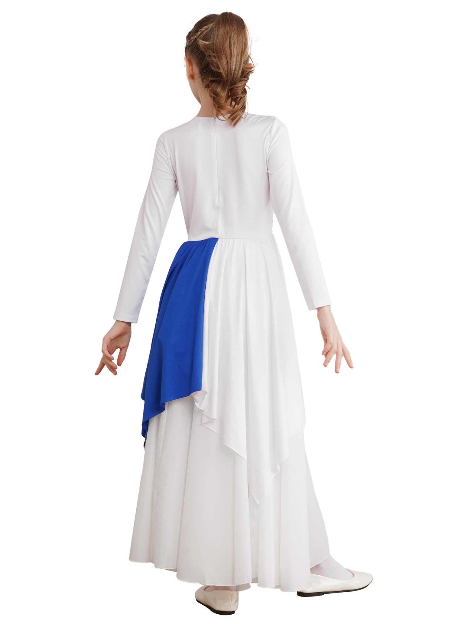 Girls Long Sleeve Metallic Praise Dance Dress - Liturgical Worship Costume with Asymmetrical Design for Church Performances & Religious Ceremonies