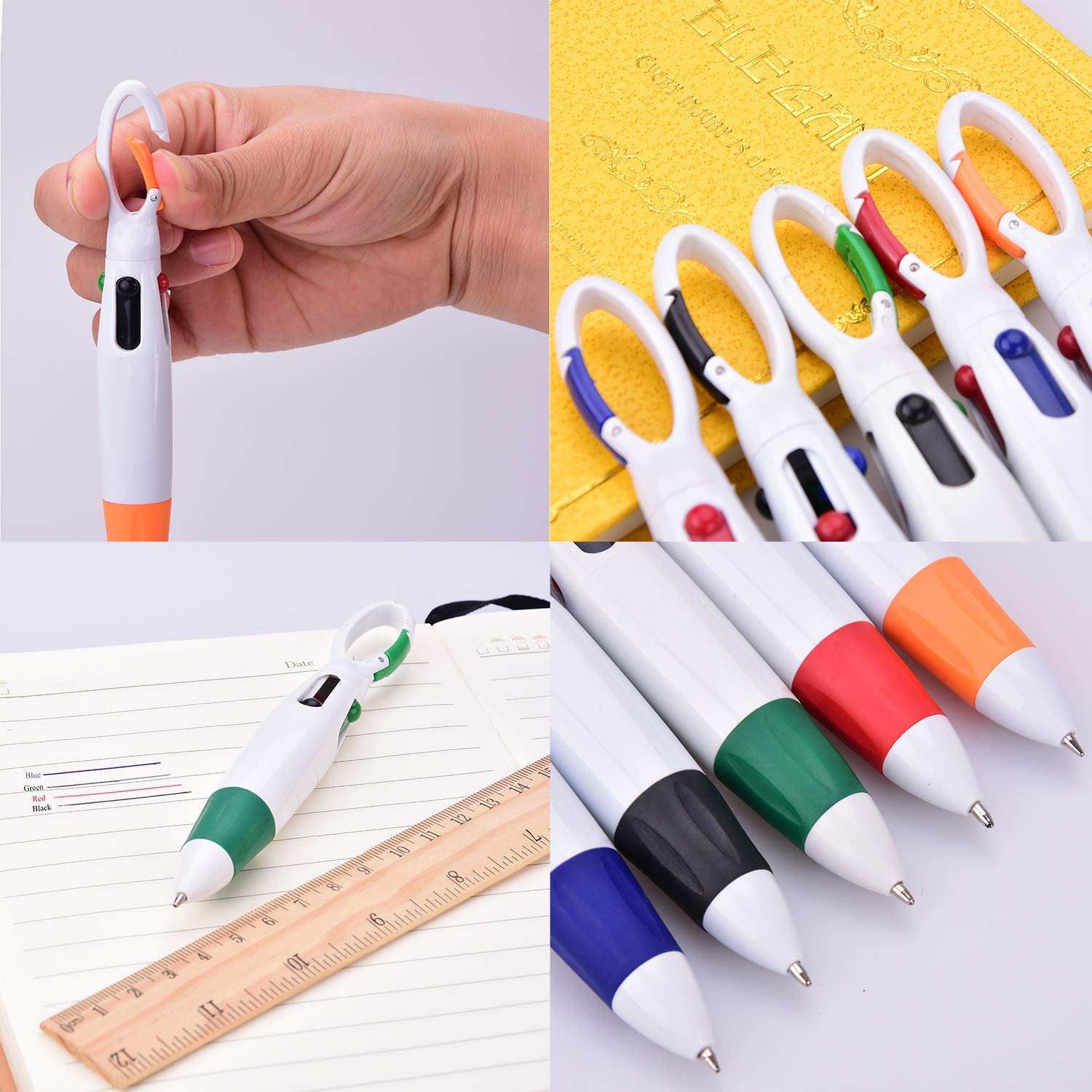 6-Pack Retractable Multi-Color Ballpoint Pens with Carabiner Keychain - 4 Neon Colors in 1 Pen, Top Buckle Clip - Perfect for Office, School, Students & Gifts - Great for Note-Taking, Journaling & Key Organization (6 Pieces)