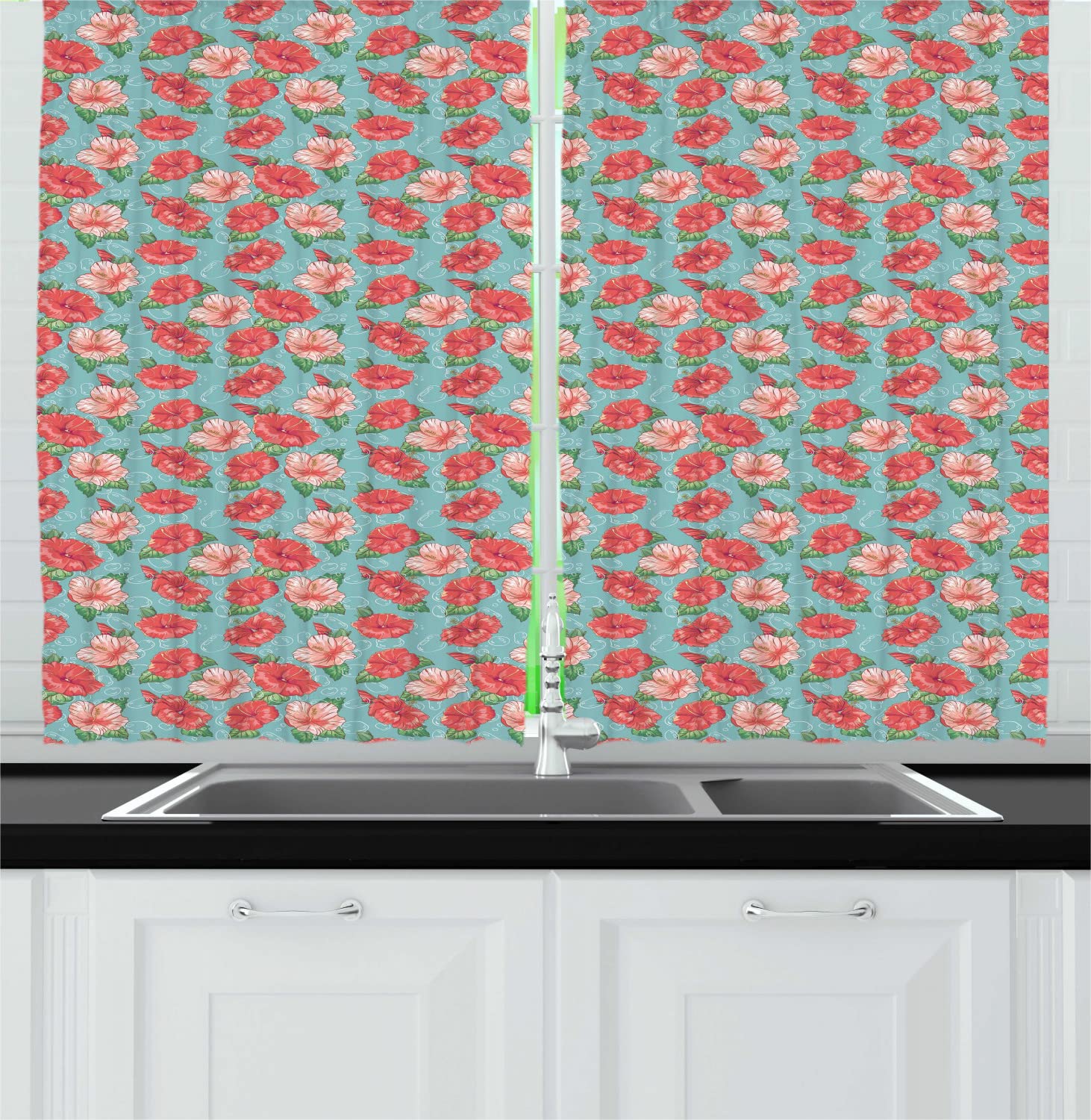 Ambesonne Hibiscus Long Kitchen Curtains - Tropical Flowers & Bubbles Print, 2 Panel Rod Pocket Drapes, 55