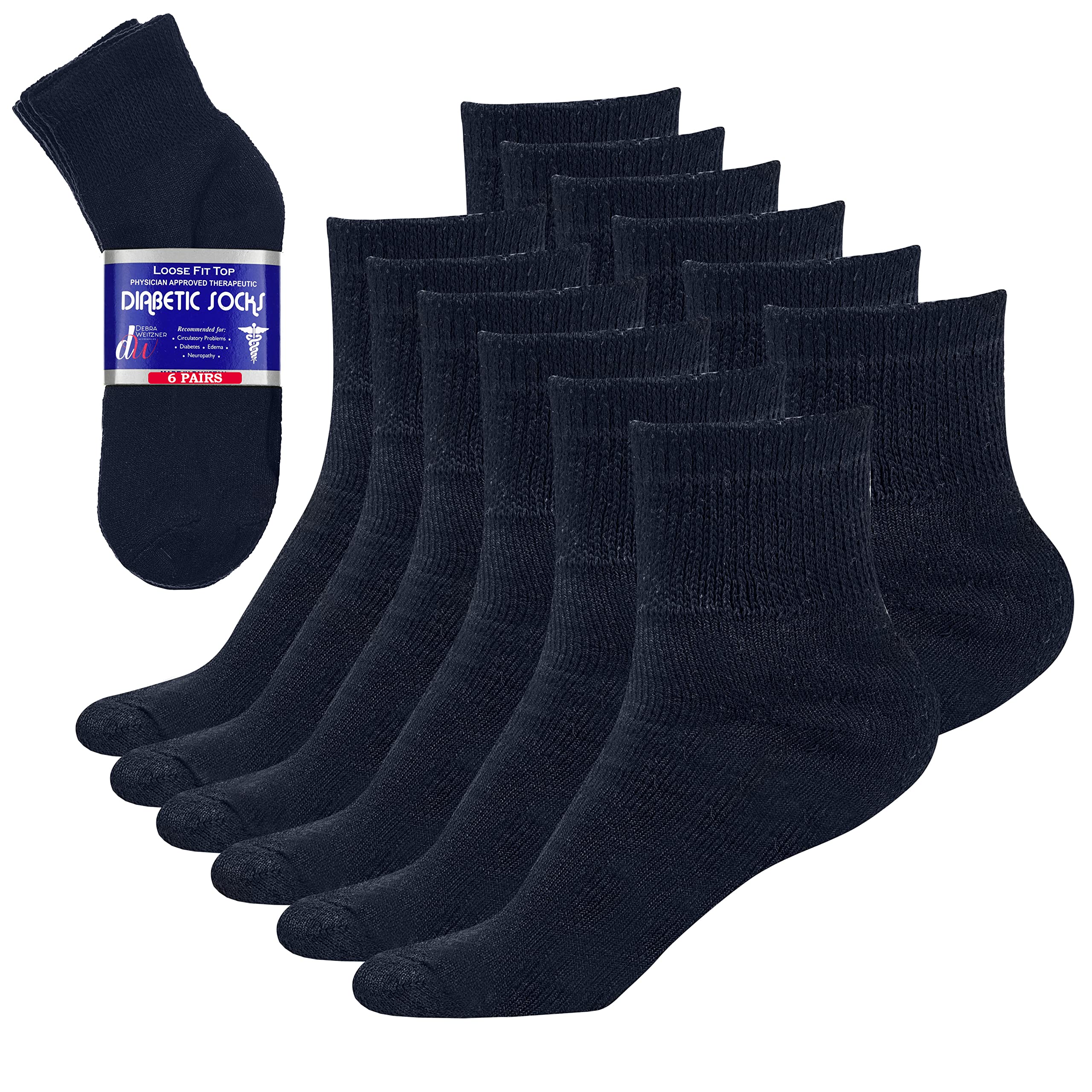 Diabetic Ankle Socks for Men & Women - Non-Binding Loose Fit Comfort Socks (6 Pairs, Navy) - Ideal for Diabetes, Swelling & All-Day Wear