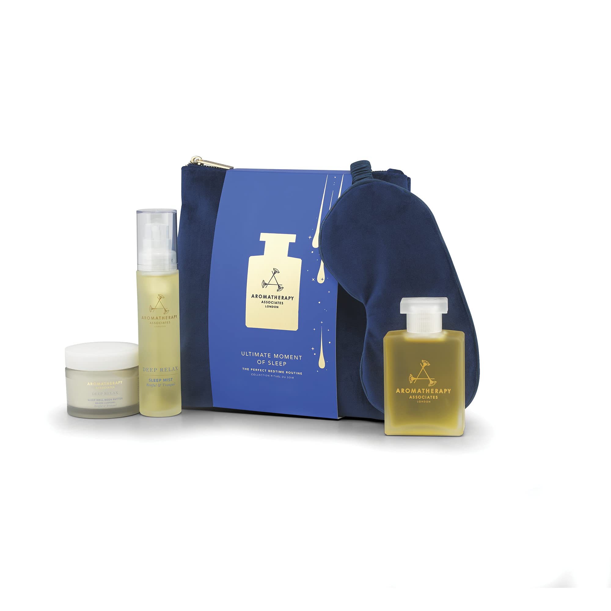 Aromatherapy Associates Ultimate Relaxation Gift Set - Deep Relax Bath & Shower Oil, Restful Mist, Body Butter & Eye Mask in Velvet Bag (1 Count) | Perfect Spa Day at Home, Holiday Gift Idea & Self-Care Essentials