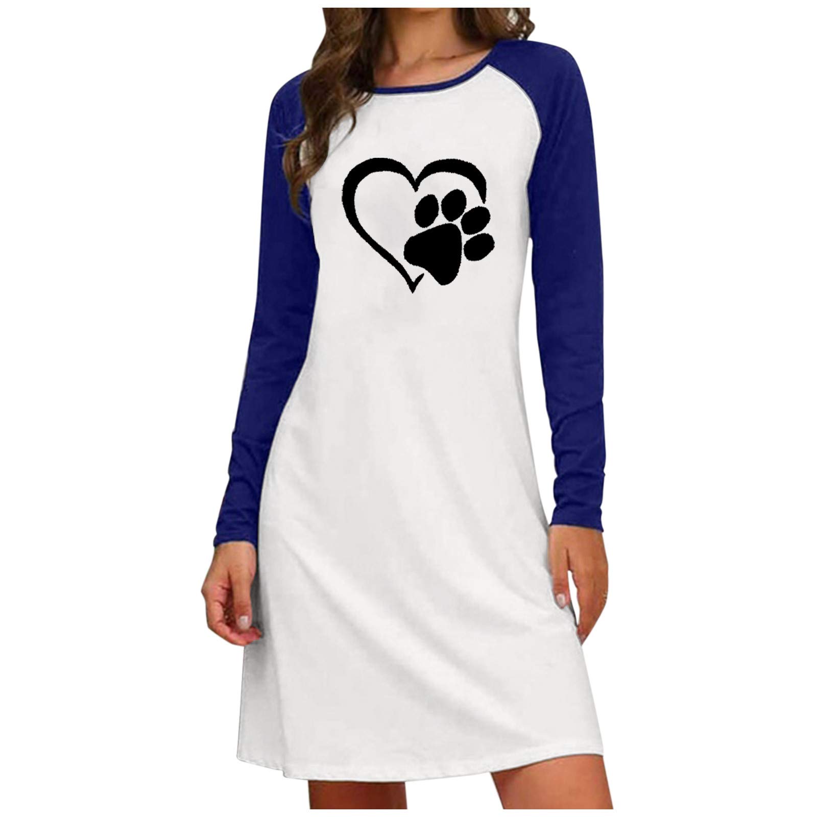 Women's Summer Casual Beach Dress - Crew Neck Short Sleeve Heart Print Patchwork T-Shirt A-Line Mini Dress for Vacation, Pool Party & Outdoor Activities