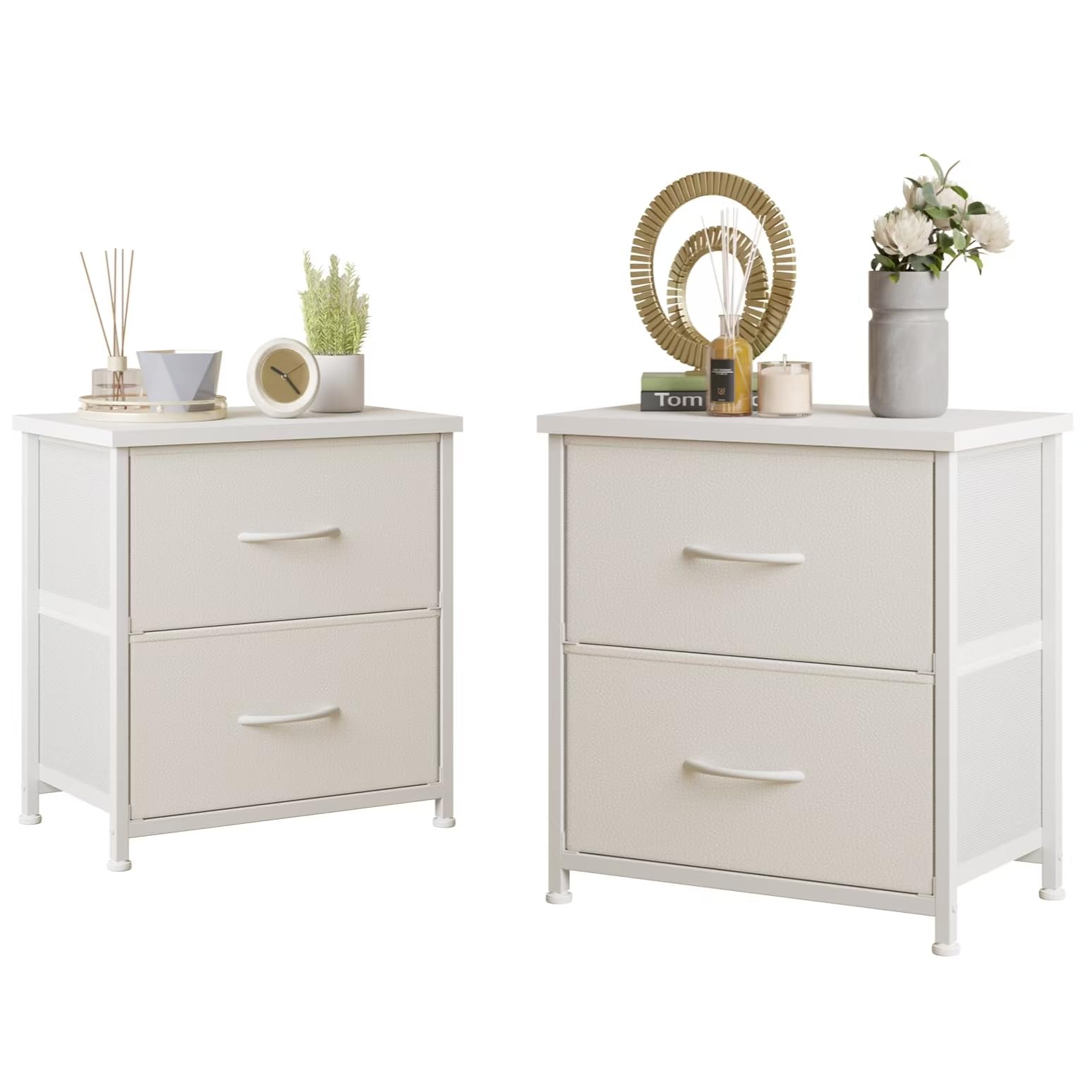 LUMTOK White Nightstand with 2 Drawers - Small Bedside Table for Bedroom, Fabric Dresser with Storage, Modern End Table for Living Room (2-Piece Set) | Perfect for Small Spaces, Apartment Decor & Guest Room Essentials