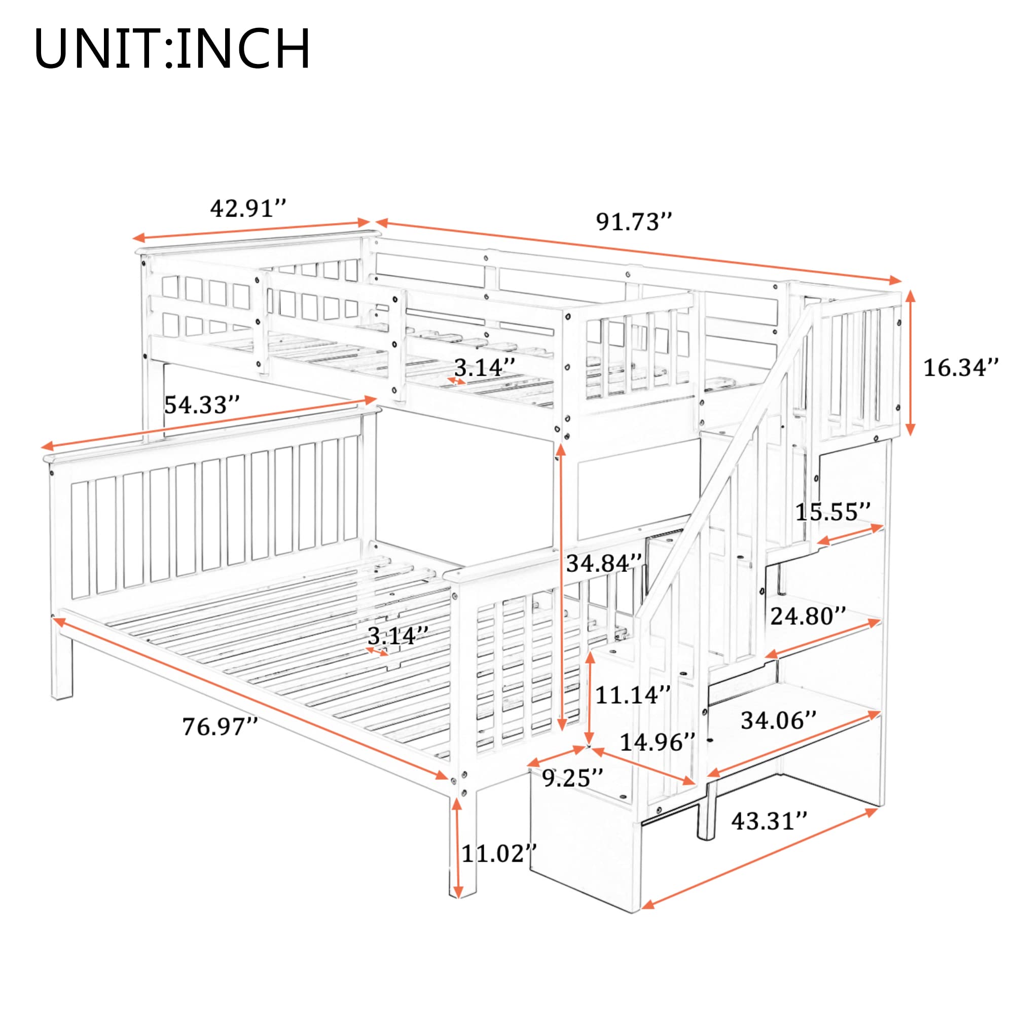 MERITLINE Twin Over Full Bunk Bed Frame for Kids - Mission Style Wooden Bunk Bed with Stairs & Storage | Space-Saving Kids Bedroom Furniture for Siblings or Sleepovers